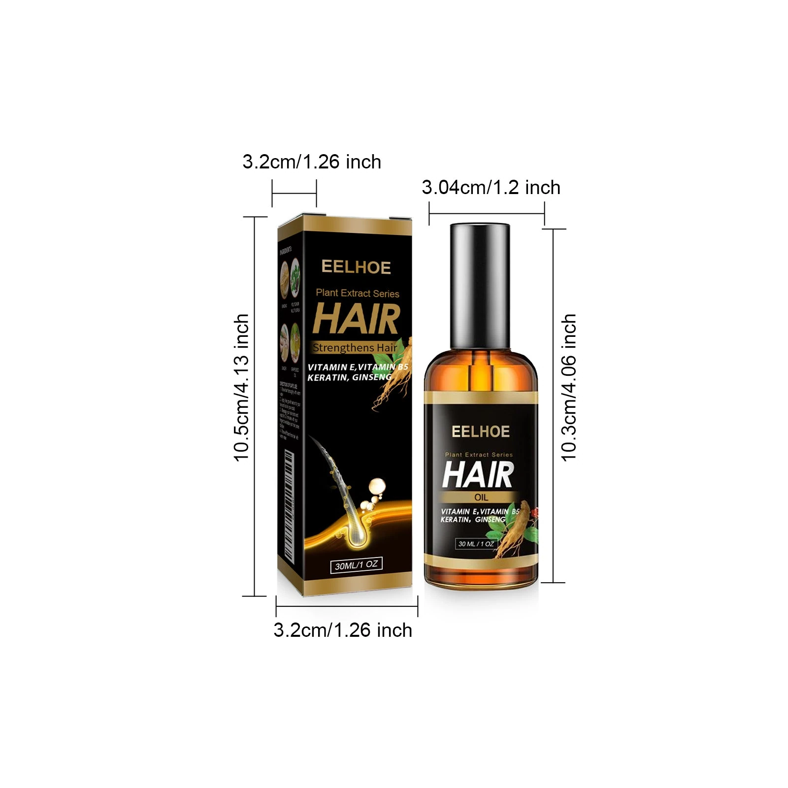 EELHOE Ginger Root Oil For Hair — Bottle and carton dimensions for the 30ml pump version.