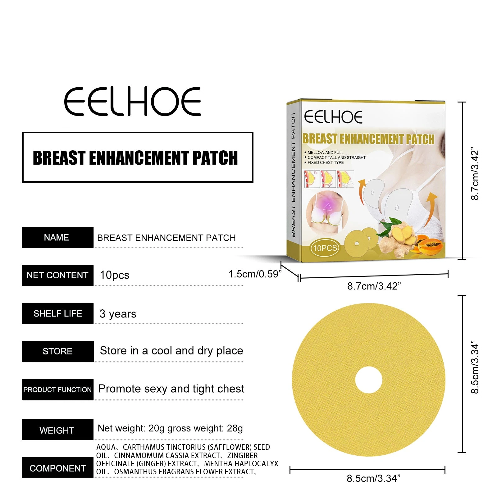 EELHOE Breast Care Patch — Patch diameter and ten-piece pack dimensions.