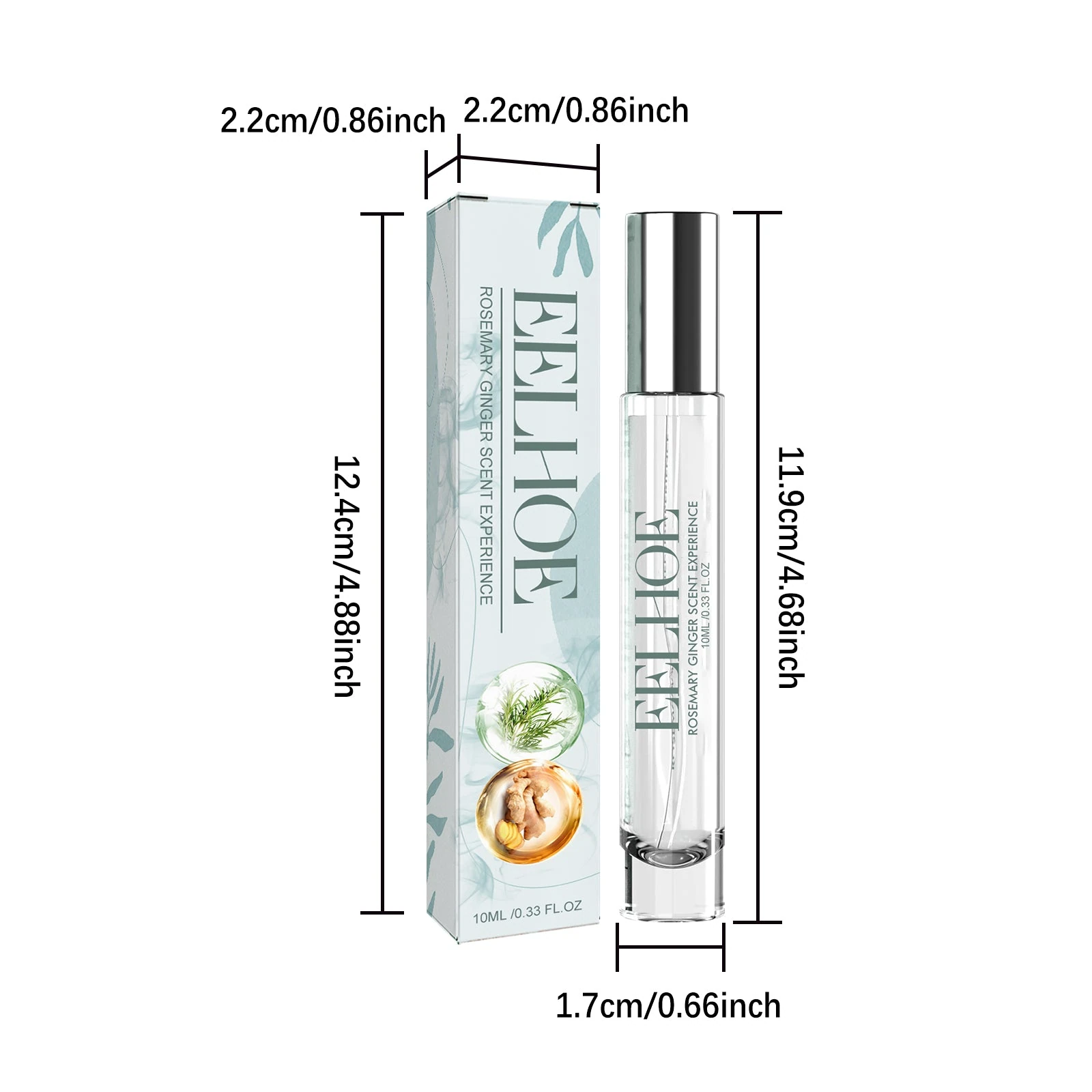 EELHOE Ginger Perfume — 10ml bottle and carton dimensions.
