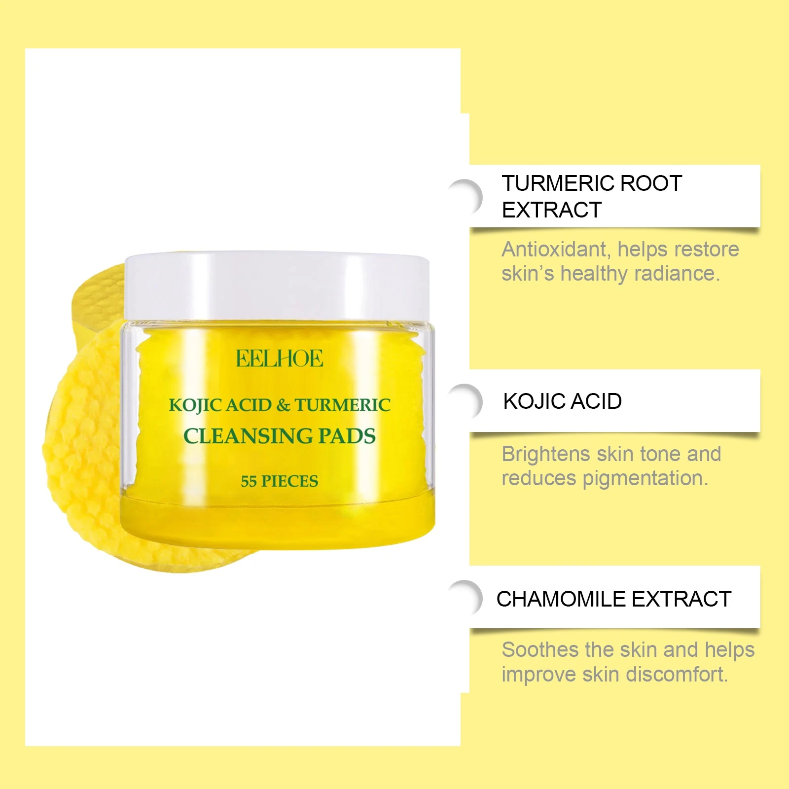 Yellow 55-pad jar with turmeric, kojic acid and chamomile ingredient highlights
