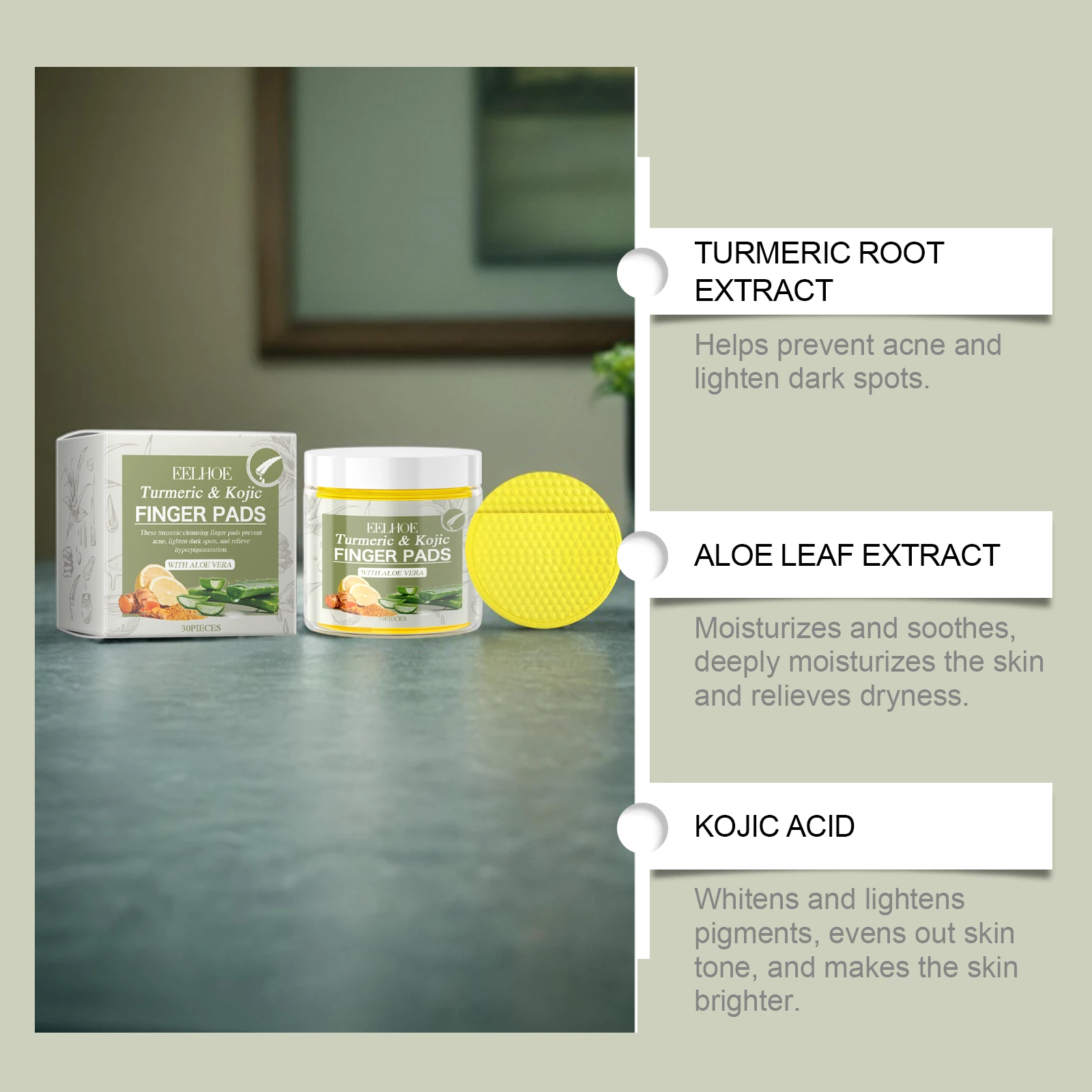 EELHOE Turmeric Face Pads — Turmeric, aloe and kojic acid care artwork.