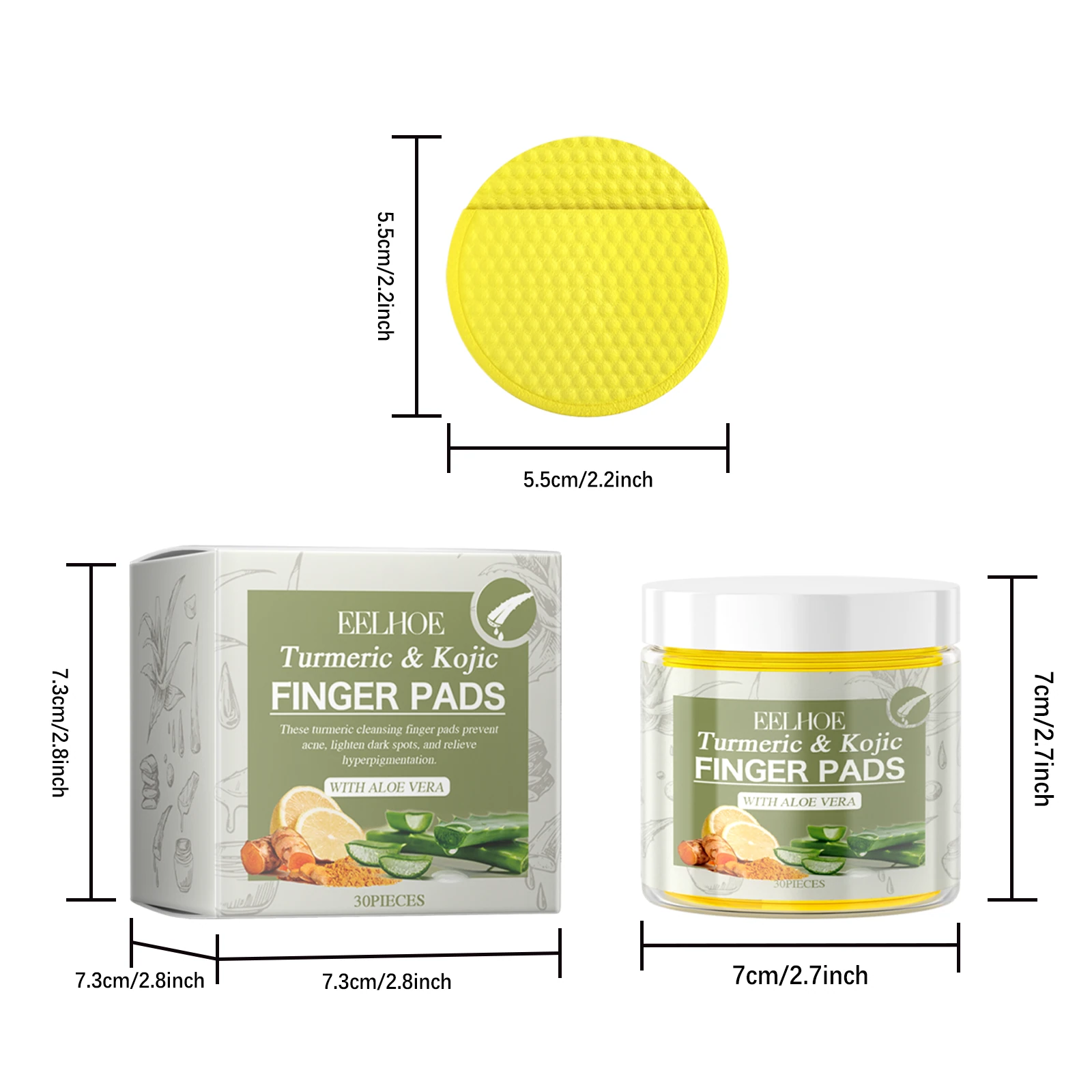 EELHOE Turmeric Face Pads — 30-pad jar, pad and carton measurements.
