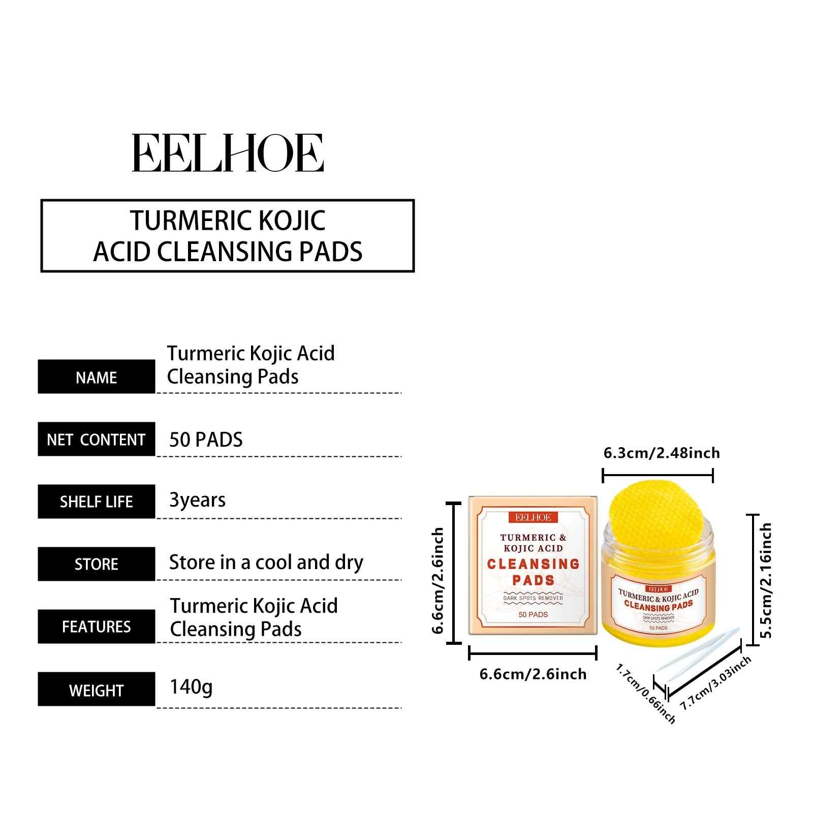 EELHOE Turmeric Facial Pads — 50-pad jar and carton measurements.