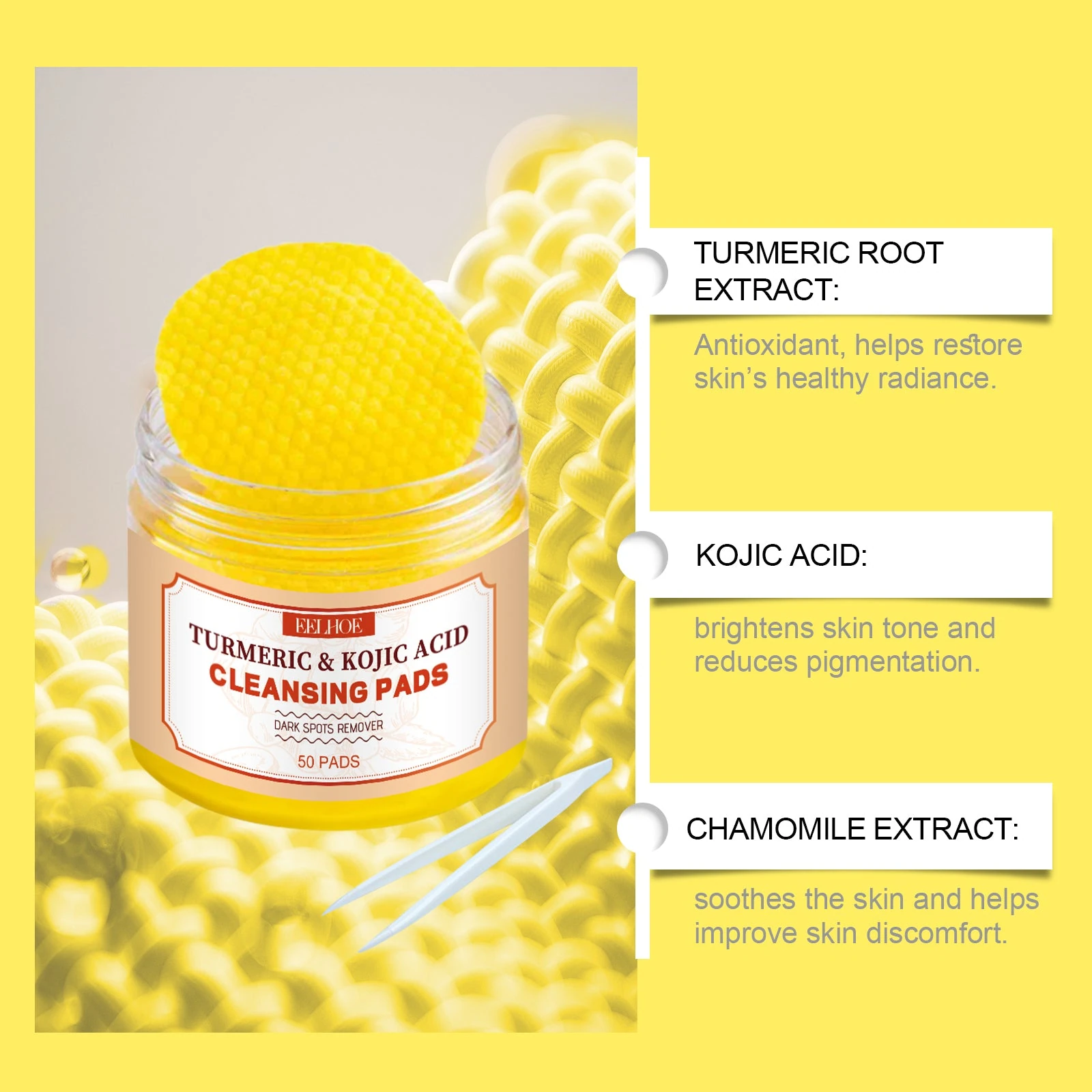 EELHOE Turmeric Facial Pads — Turmeric, kojic acid and chamomile ingredient illustration.
