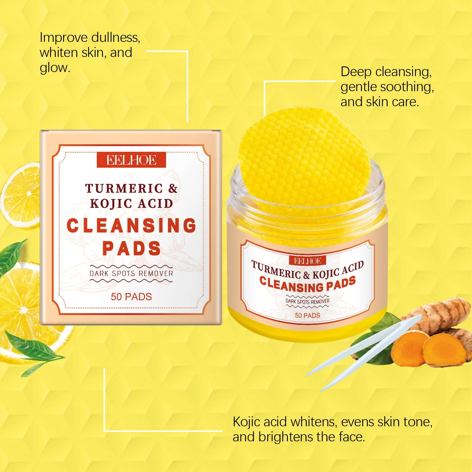 EELHOE Turmeric Facial Pads — Turmeric facial pads and botanical artwork.