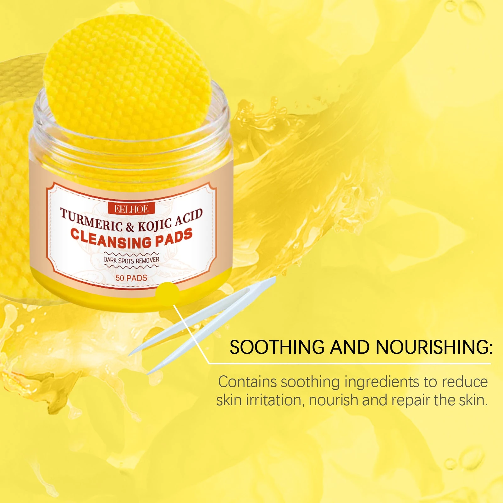 EELHOE Turmeric Facial Pads — Pad stack and tweezers format.