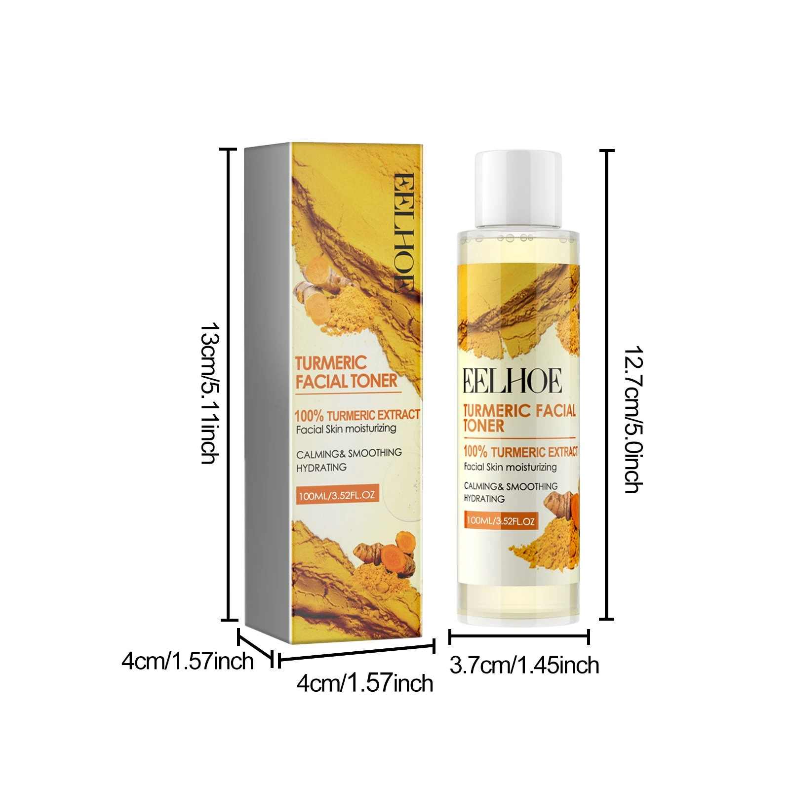 EELHOE Turmeric Toner — Bottle dimensions help you judge its size beside your other products.