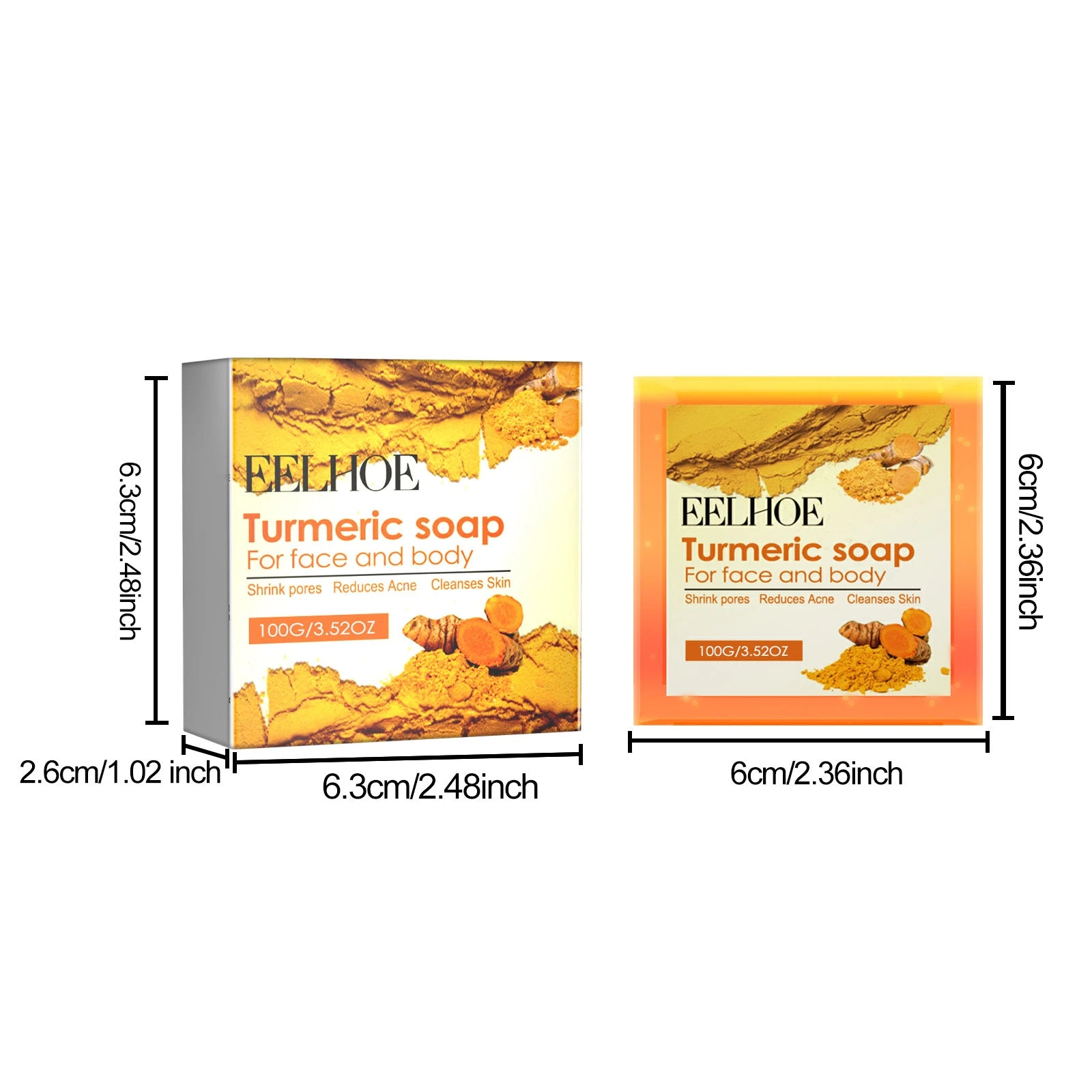 EELHOE Turmeric Soap For Face — 100g bar and carton dimensions.