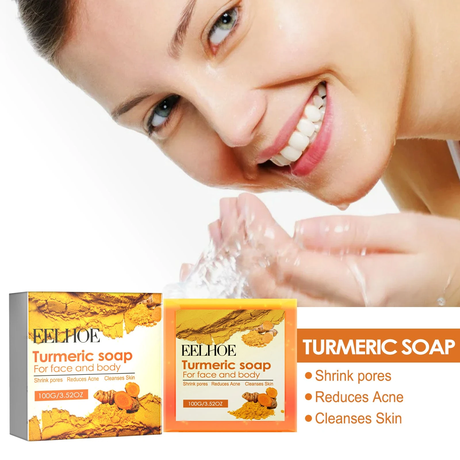 EELHOE Turmeric Soap For Face — Face-washing photography beside the soap.