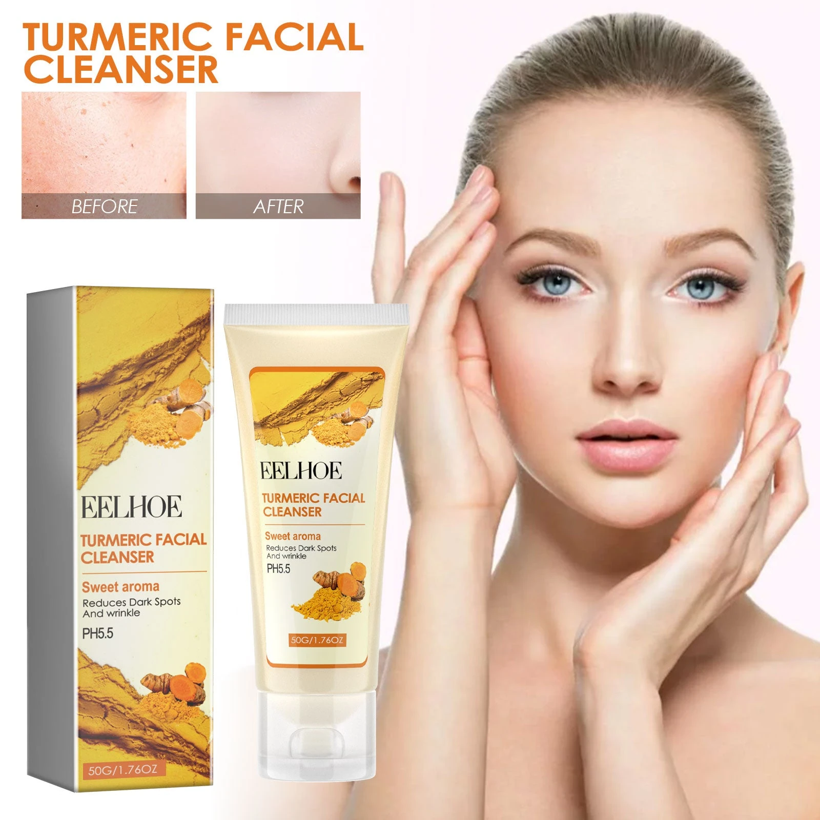 EELHOE Moisturizing Cleanser — Cream-style cleanser and facial care imagery.