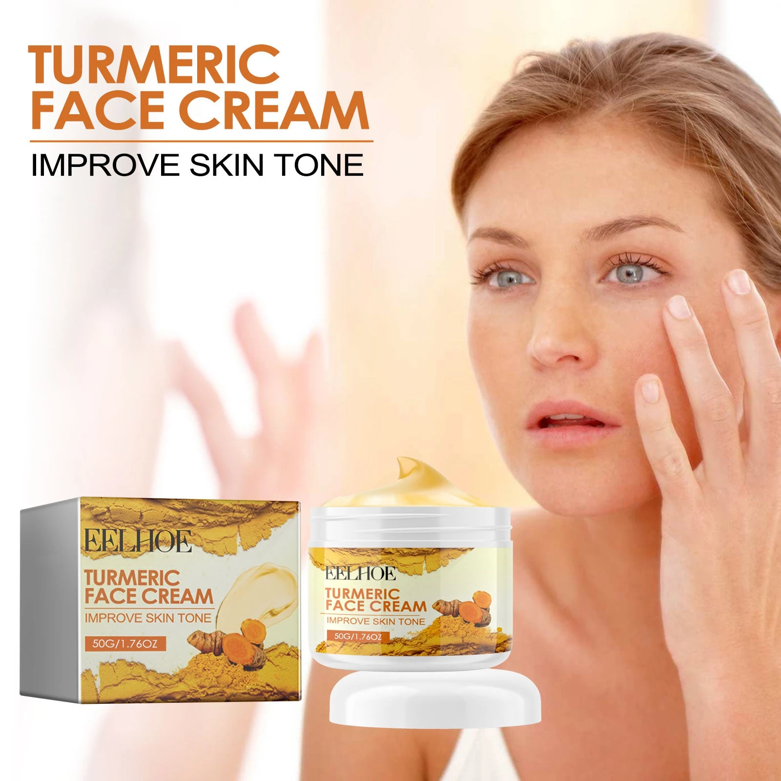 EELHOE Turmeric Face Moisturizer — Fingertip facial cream application artwork.