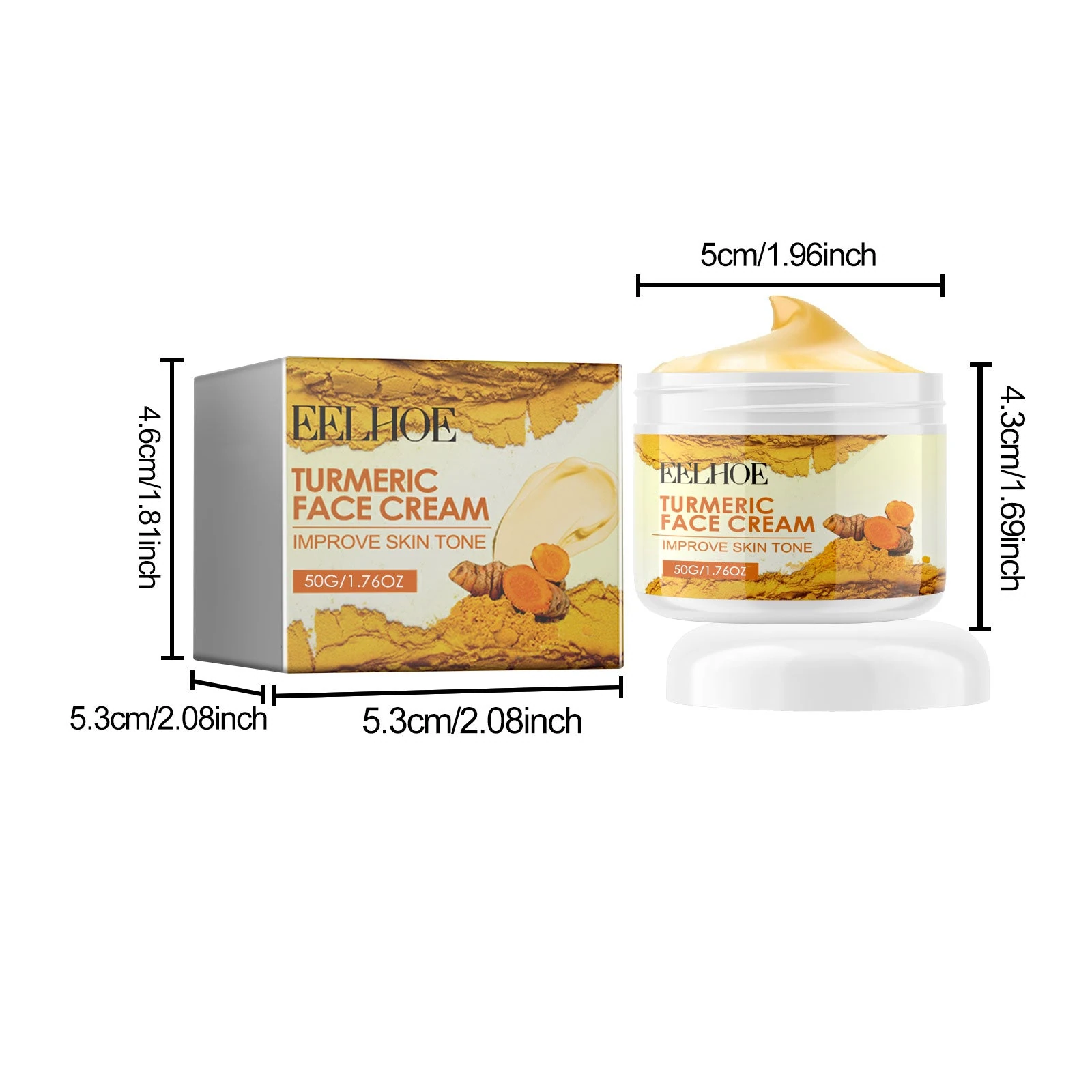 EELHOE Turmeric Face Moisturizer — 50g jar and carton dimensions.