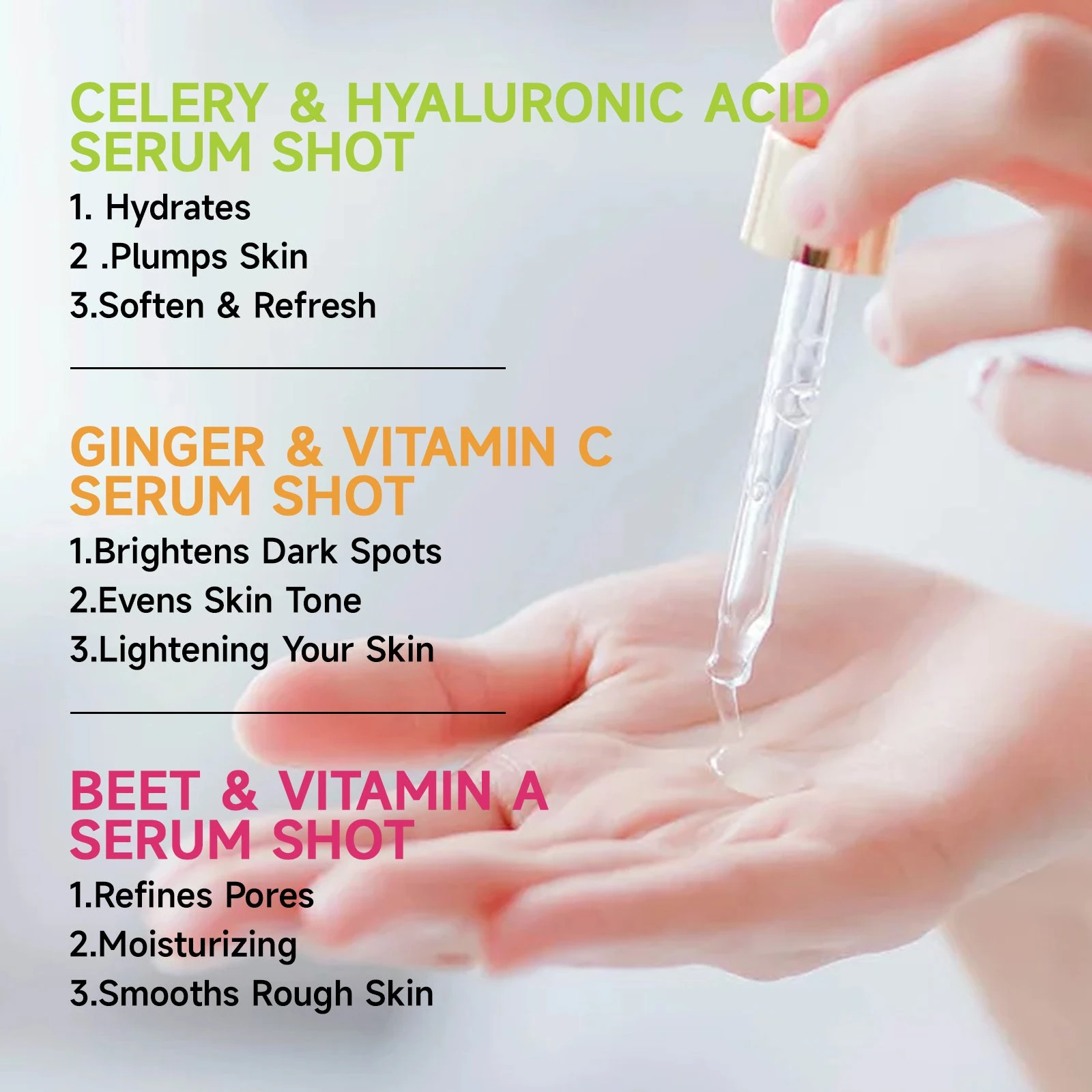 EELHOE Vitamin C Face Serum — Range application artwork; ginger and vitamin C is the orange option.