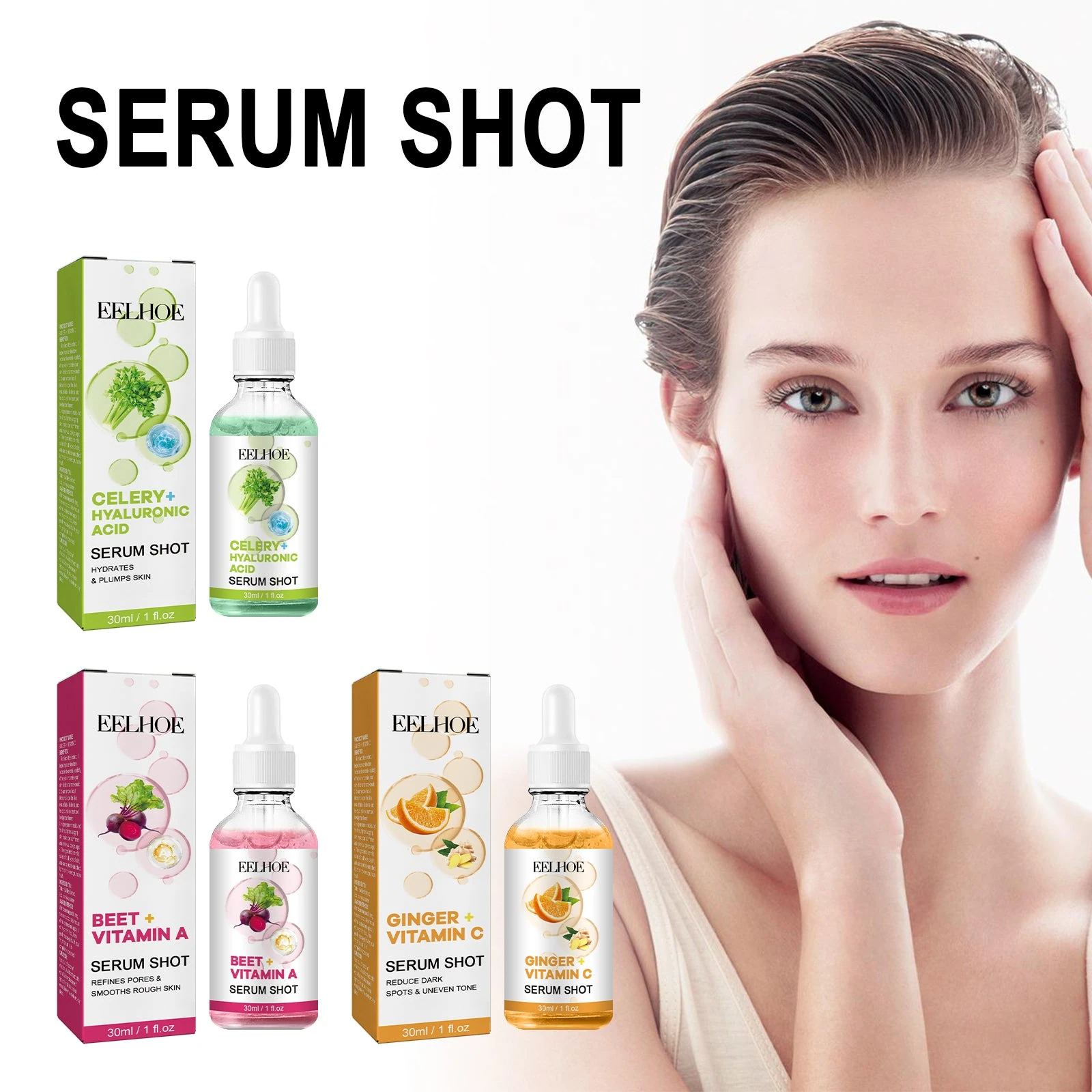 EELHOE Vitamin C Face Serum — Range packaging photograph; green and pink formulas are separate products.