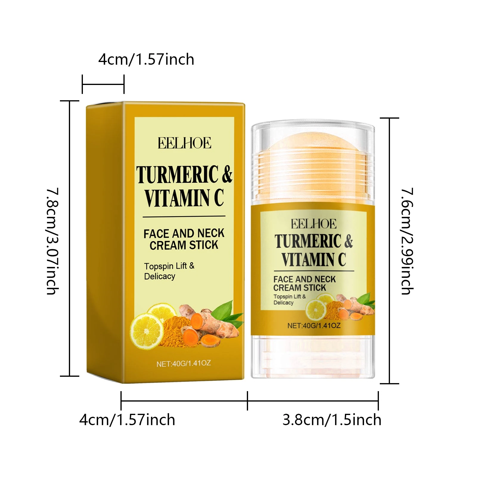 EELHOE Turmeric Clay Mask — 40g mask stick and carton dimensions.