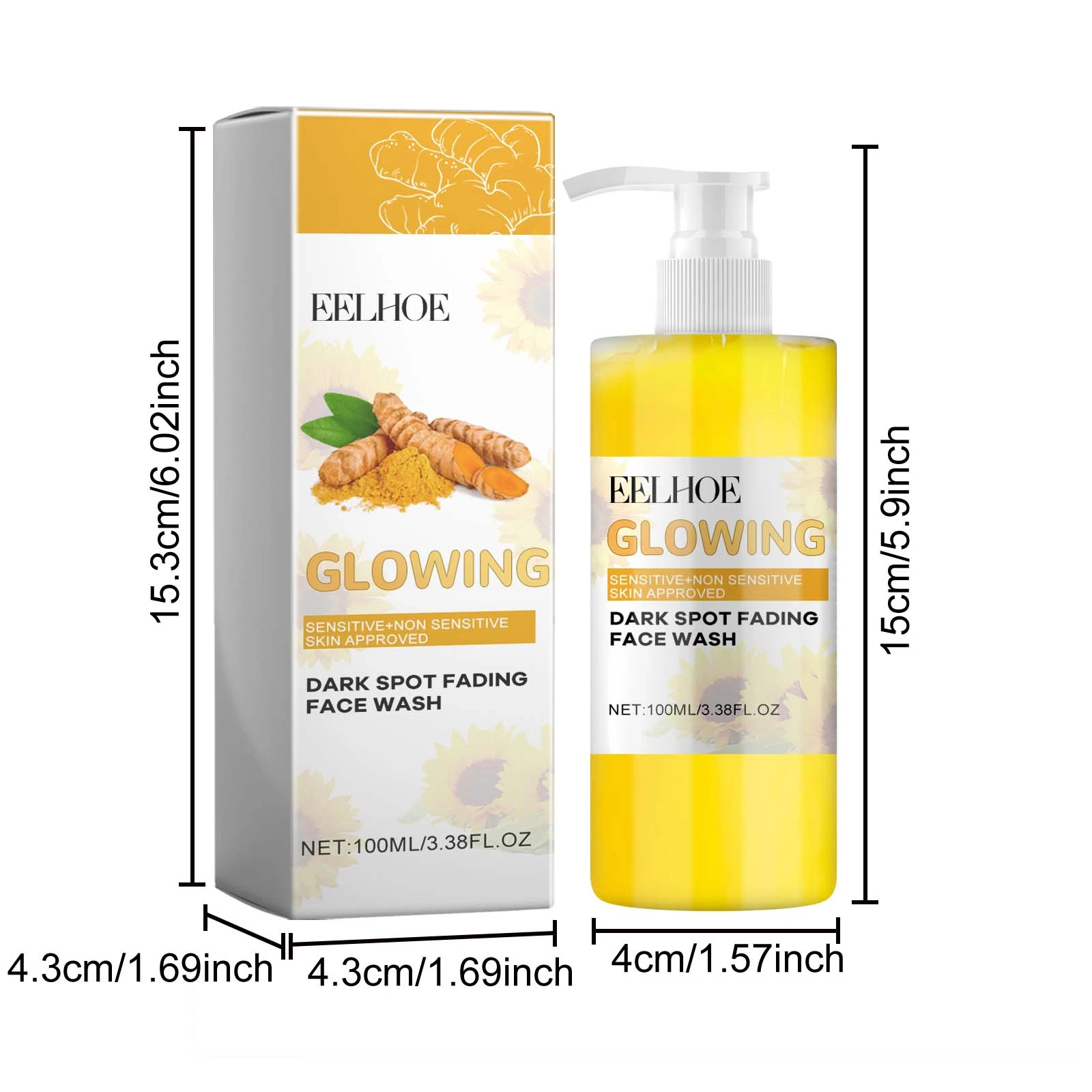 EELHOE Turmeric Face Wash — 100ml pump bottle and carton dimensions.