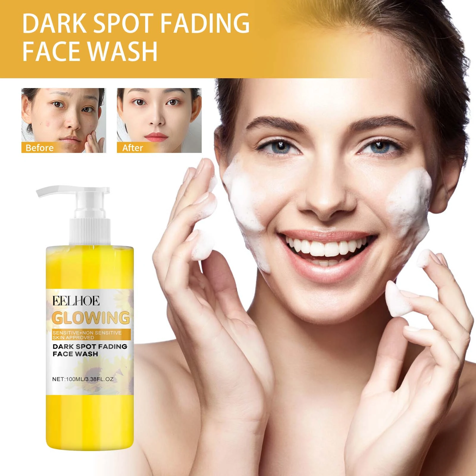 EELHOE Turmeric Face Wash — Foam cleansing photography and product bottle.