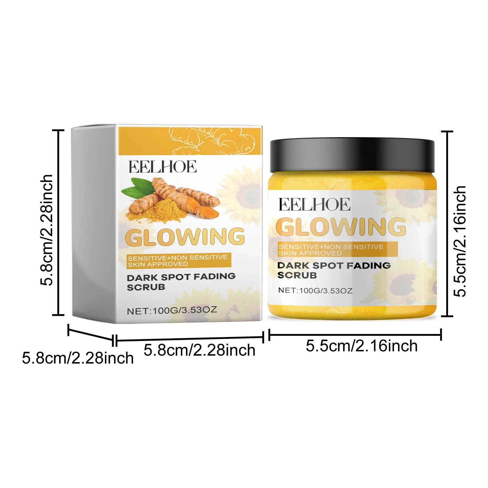 EELHOE Turmeric Facial Scrub — Jar dimensions help you compare the format with your face-care products.