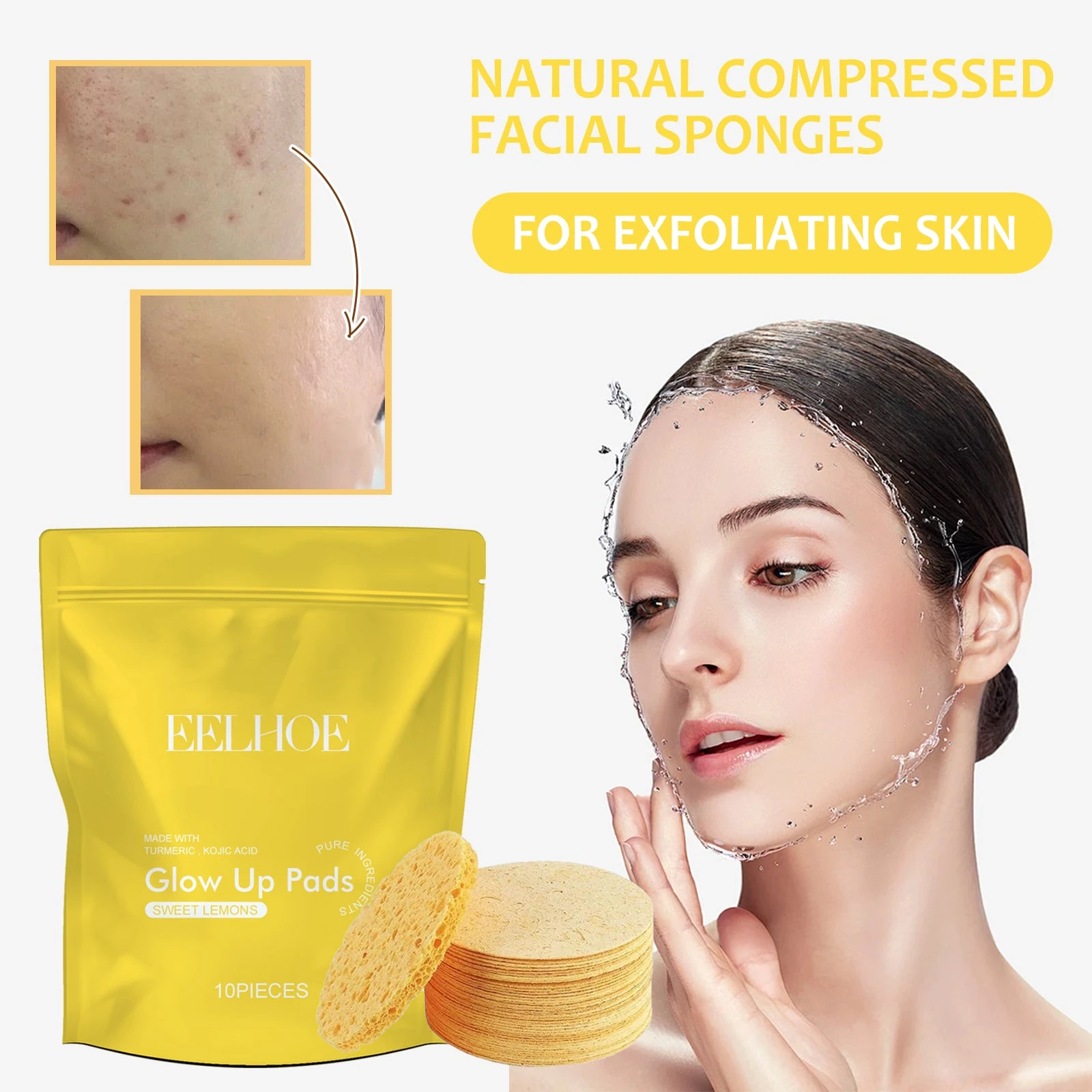 Compressed facial sponge and illustration of gentle facial cleansing