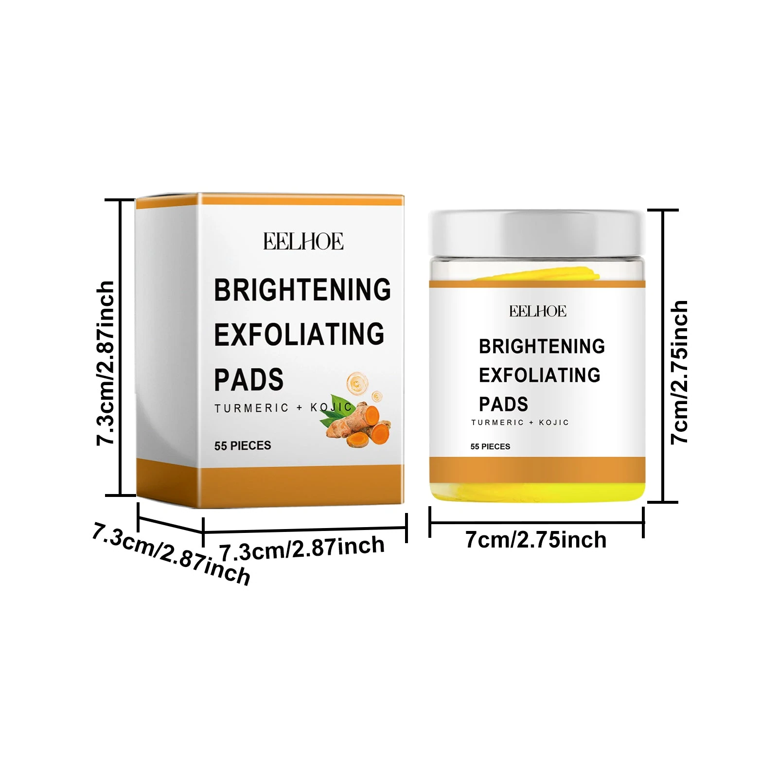 EELHOE Turmeric And Kojic Acid Pads — Jar and carton dimensions.