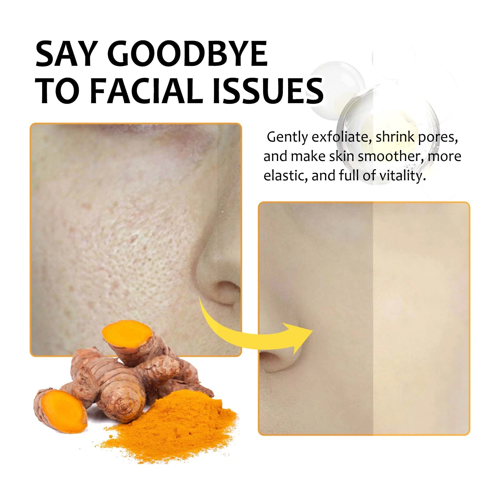 EELHOE Turmeric And Kojic Acid Pads — skin-texture comparison artwork.
