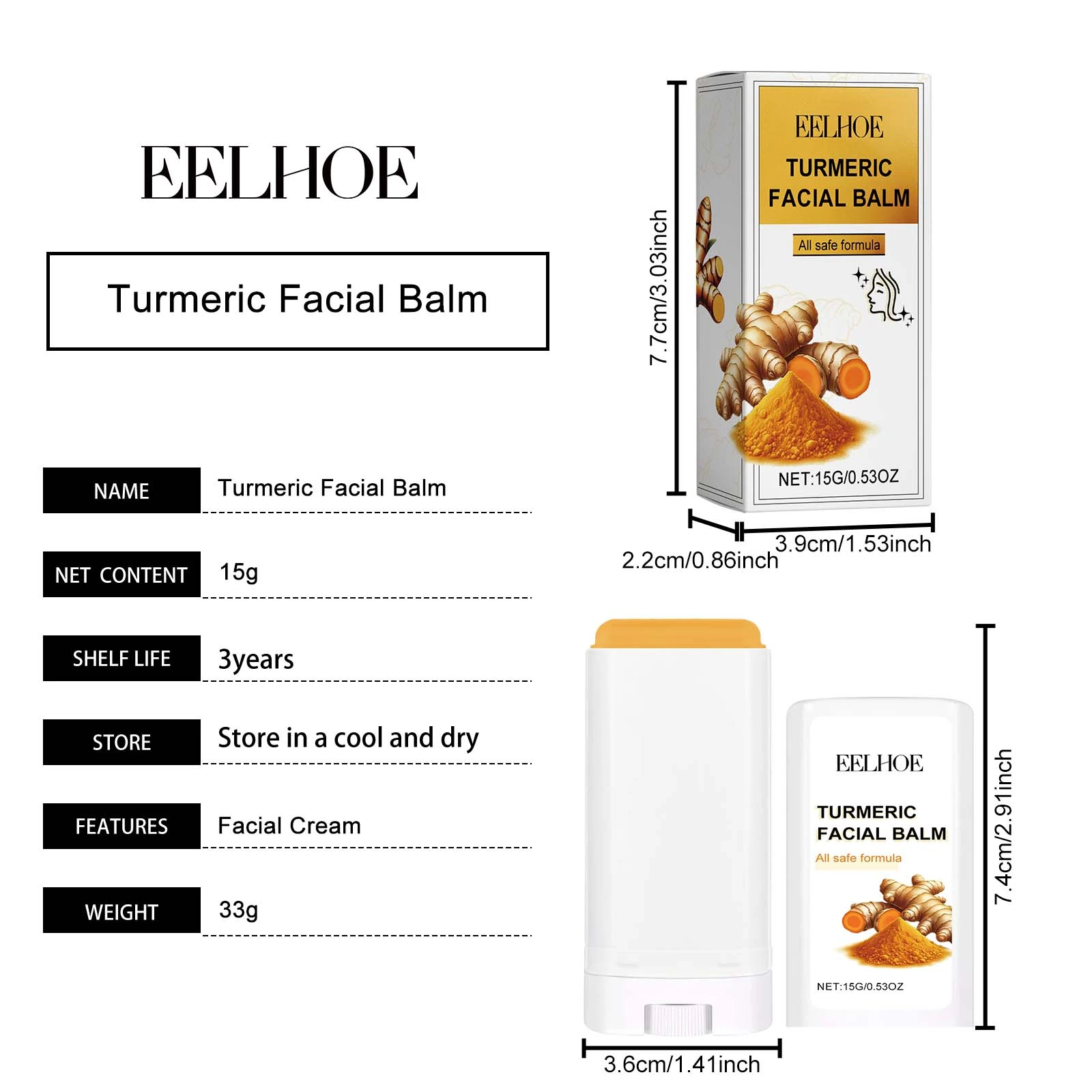 EELHOE Face Balm Stick — 15g facial balm and carton measurements.