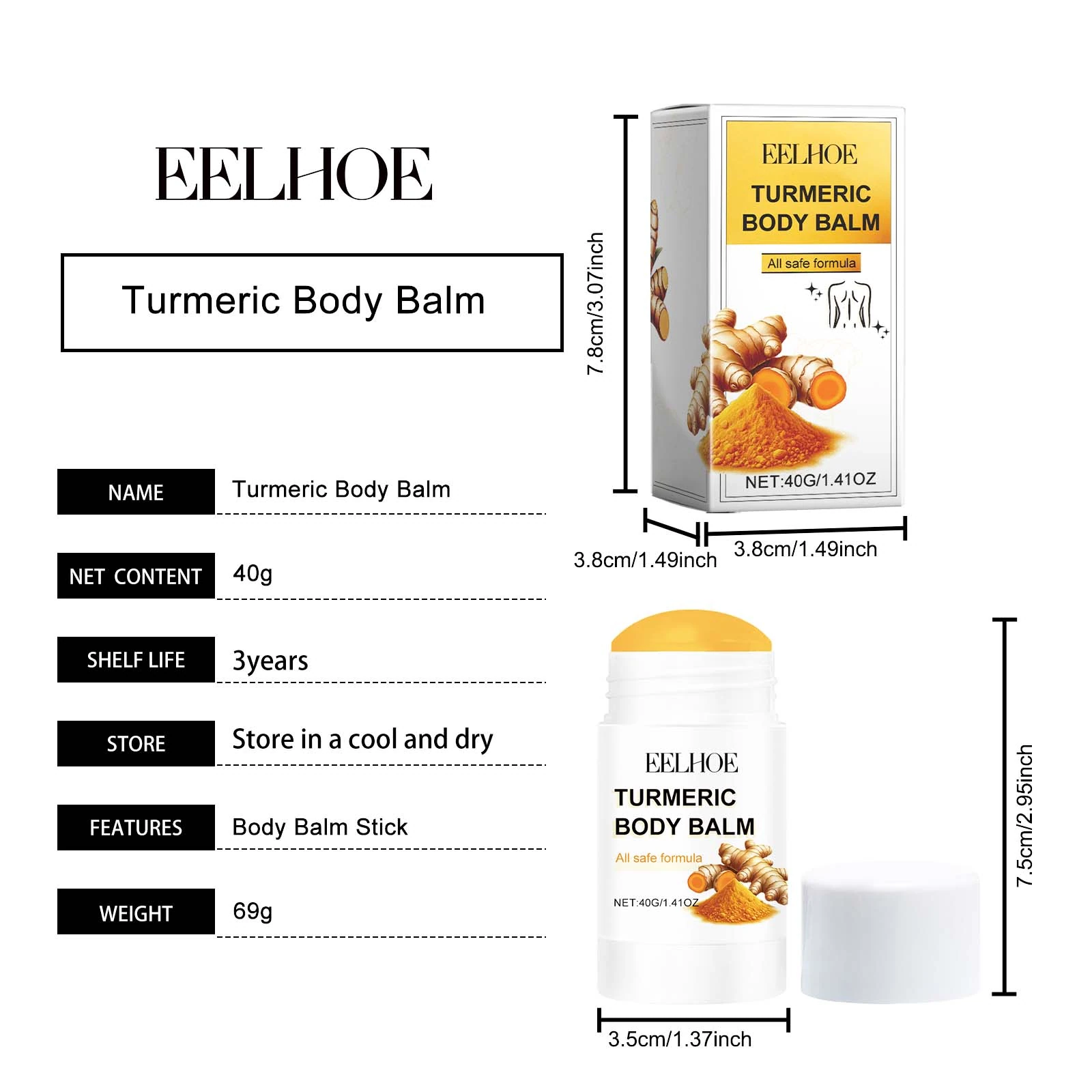 EELHOE Body Balm Stick — 40g balm and carton dimensions.