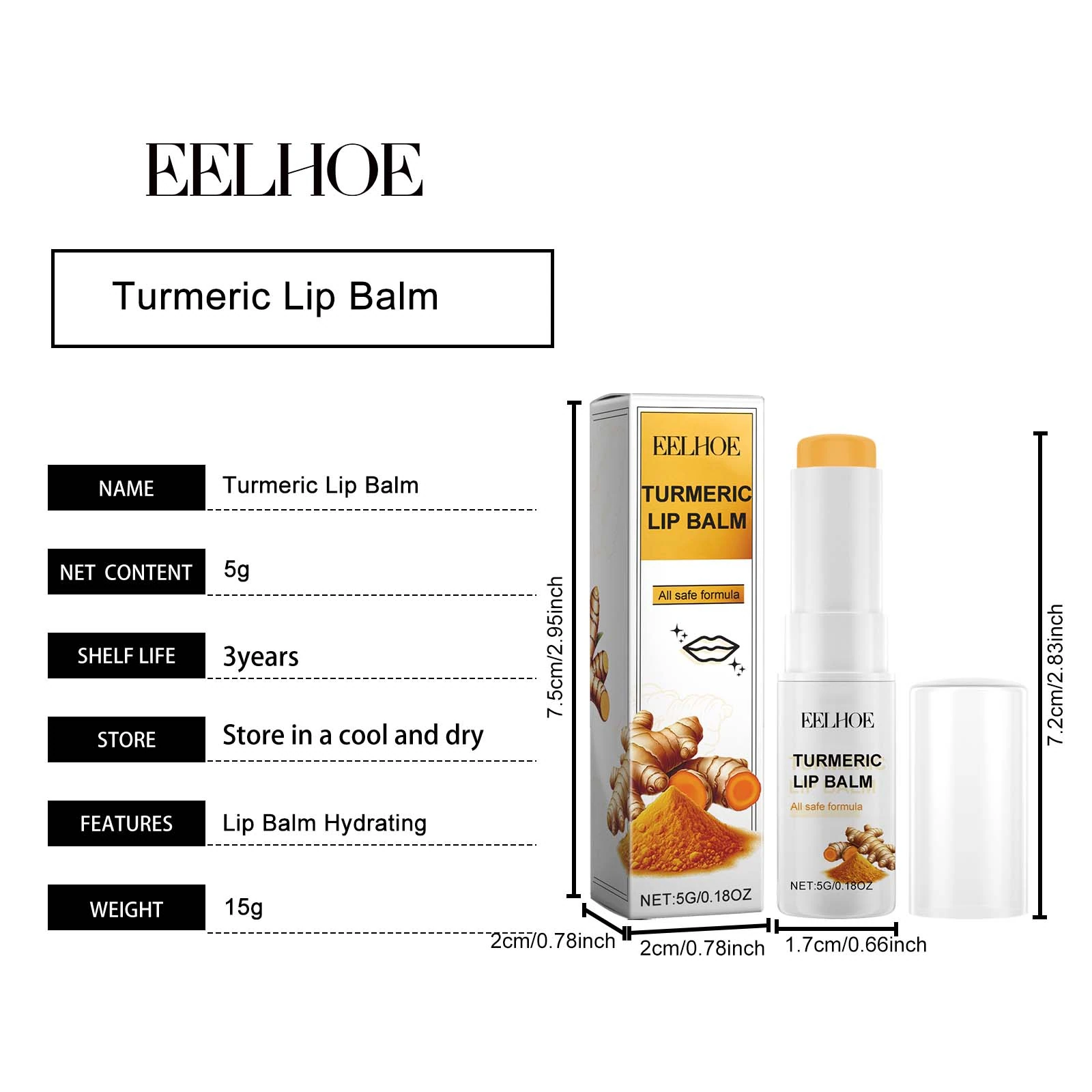 EELHOE Turmeric Lip Balm — 5g balm stick and carton dimensions.