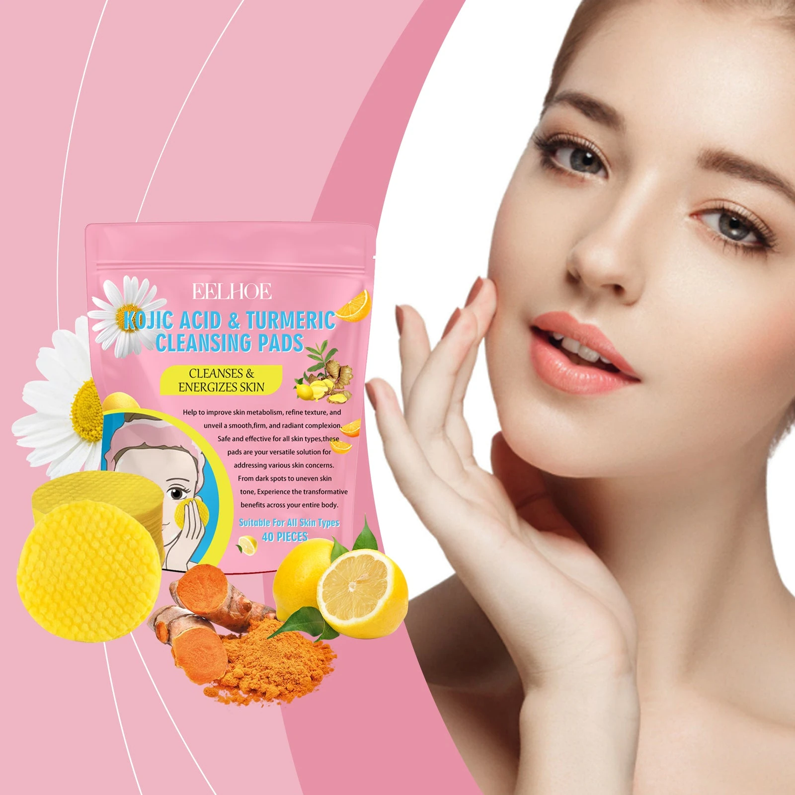 EELHOE Turmeric Cleansing Pads — Citrus and turmeric imagery beside the cleansing pouch.