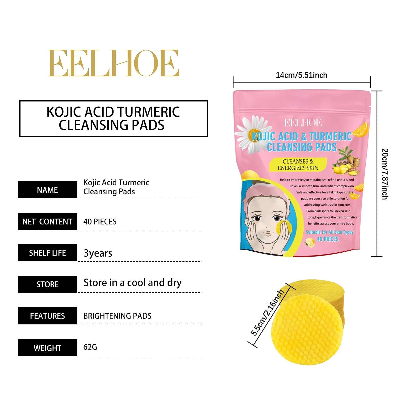 EELHOE Turmeric Cleansing Pads — Pink pouch and pad dimensions.