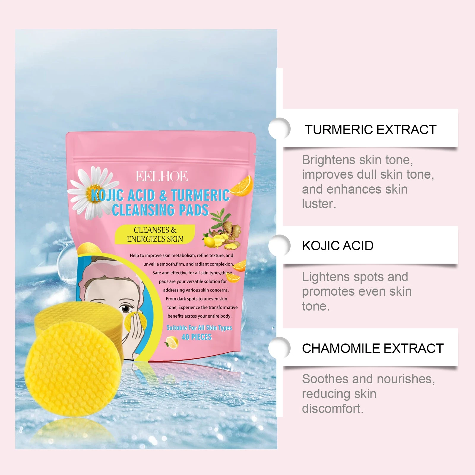 EELHOE Turmeric Cleansing Pads — Botanical ingredient artwork.