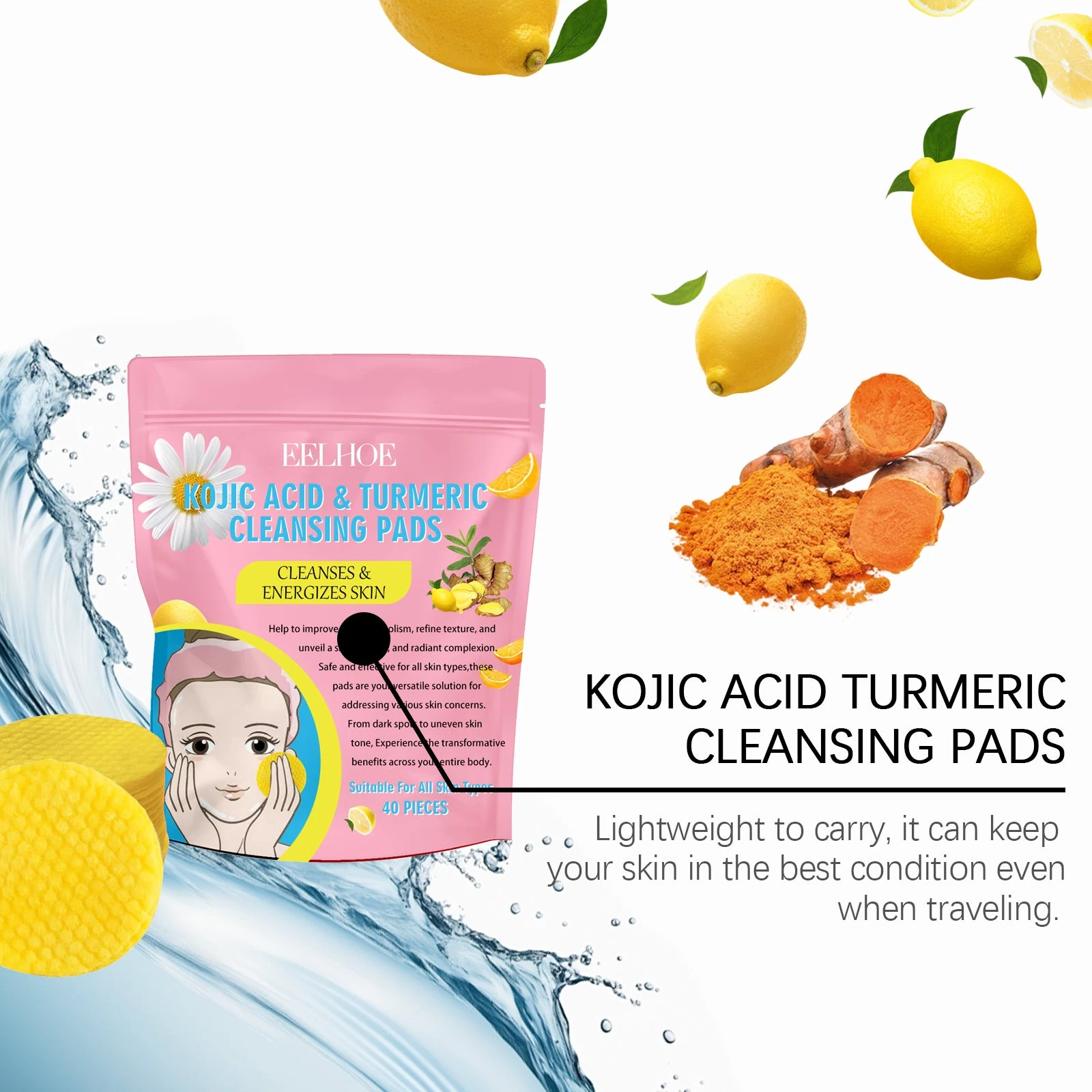 EELHOE Turmeric Cleansing Pads — Flexible pouch for a wash kit.