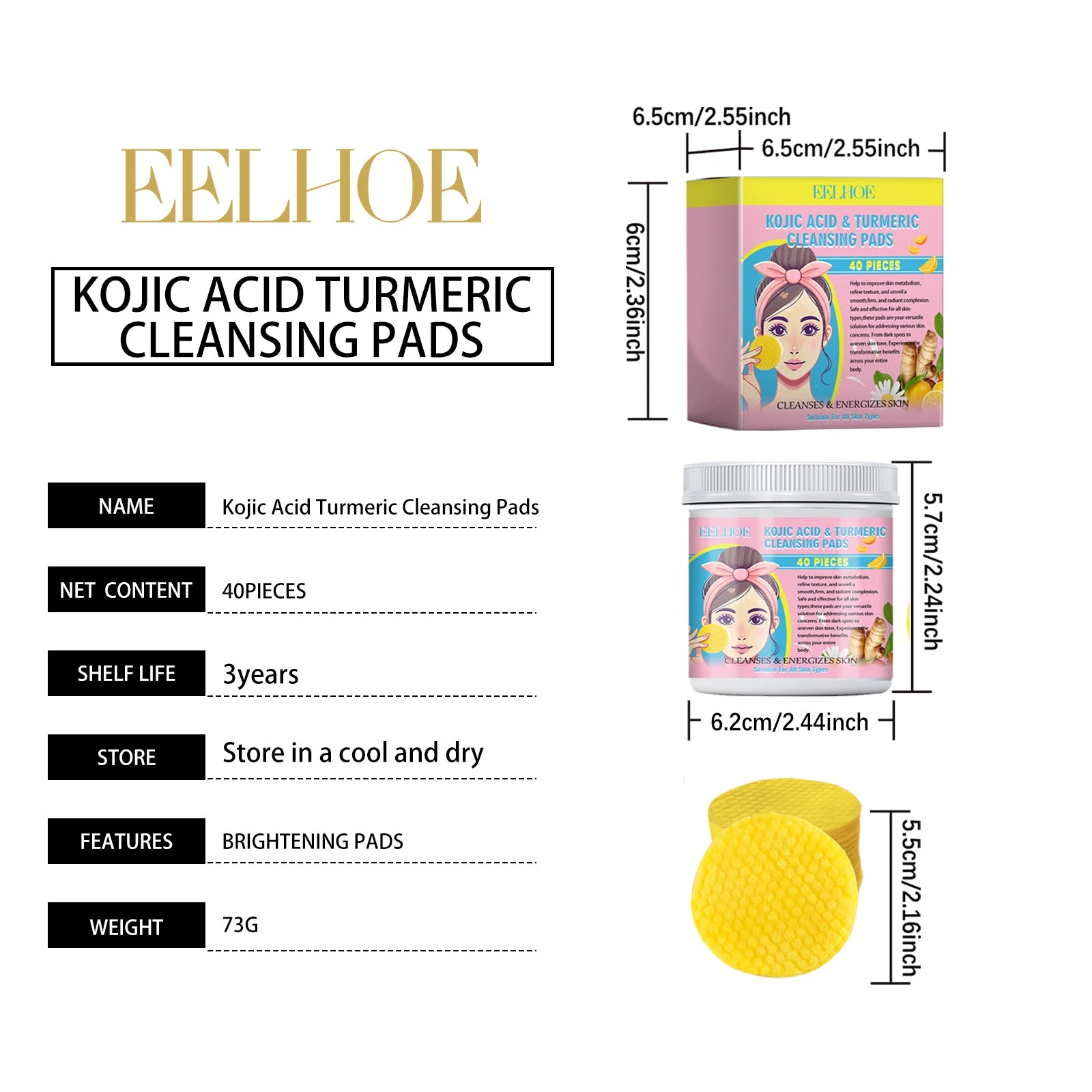 Pink-label 40-pad cleansing jar, 55mm pads and packaging dimensions