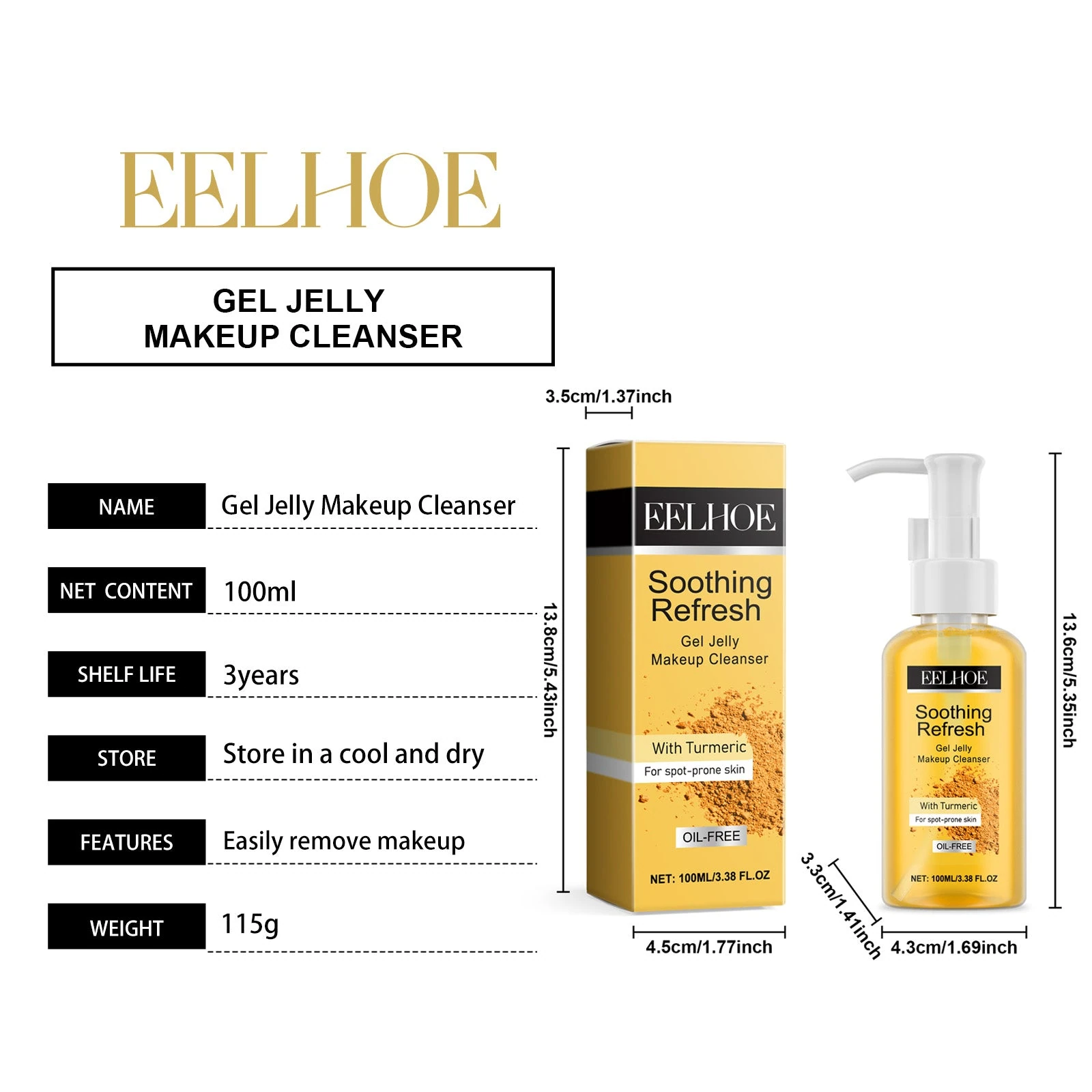 100ml EELHOE jelly cleanser pump bottle, box and dimensions
