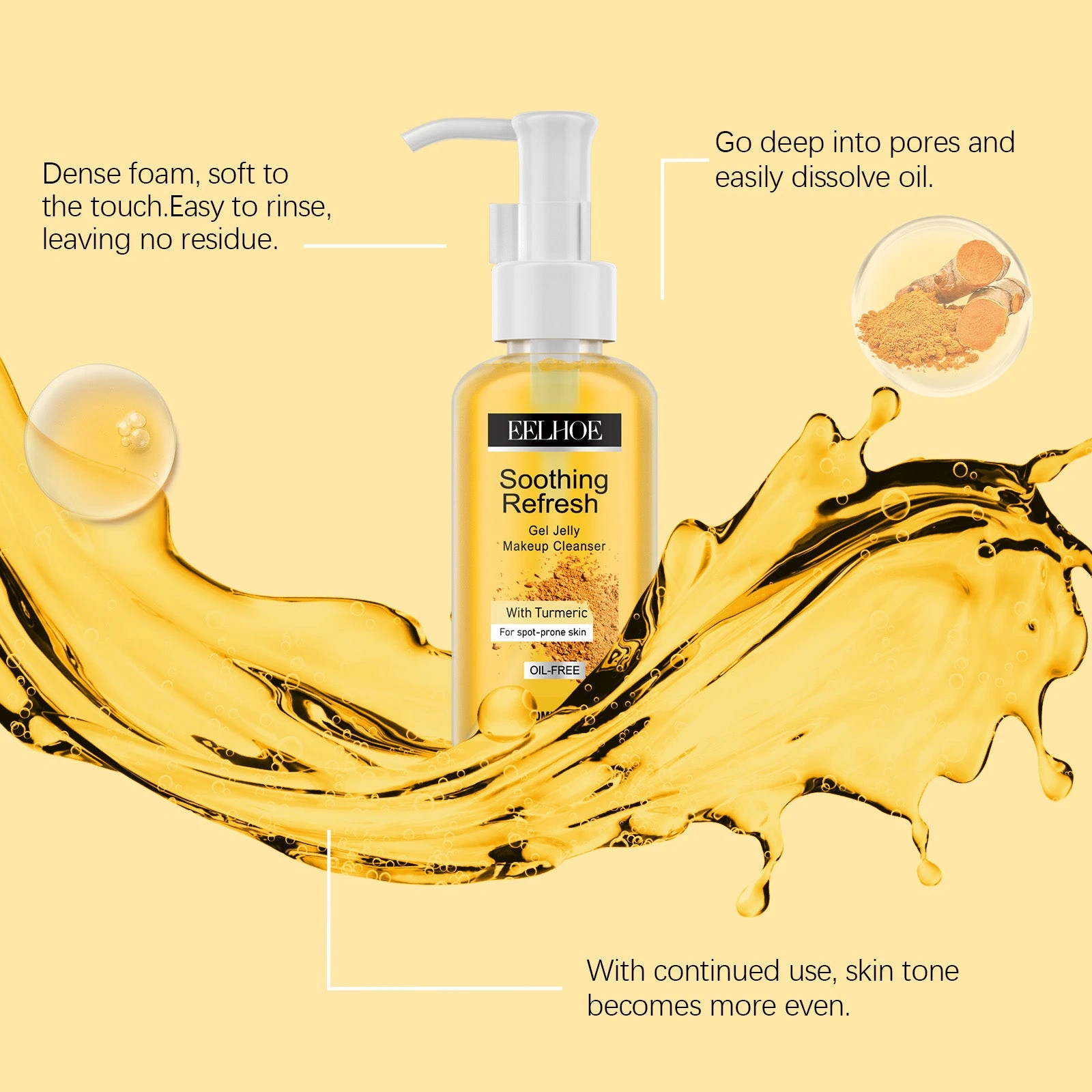 Pump cleanser illustration showing gel texture and the rinse-off cleansing step