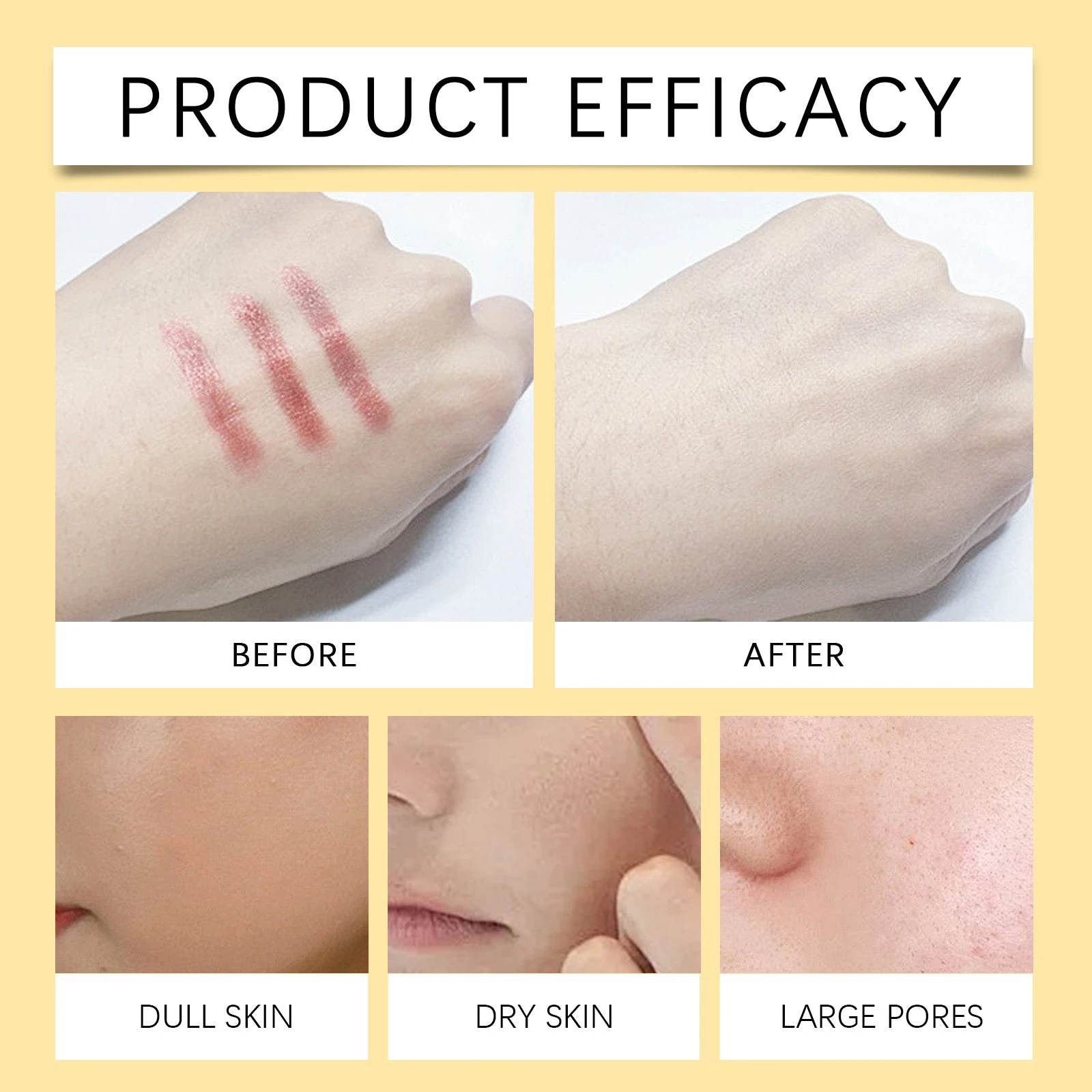 Facial makeup removal illustration with swatches before and after cleansing