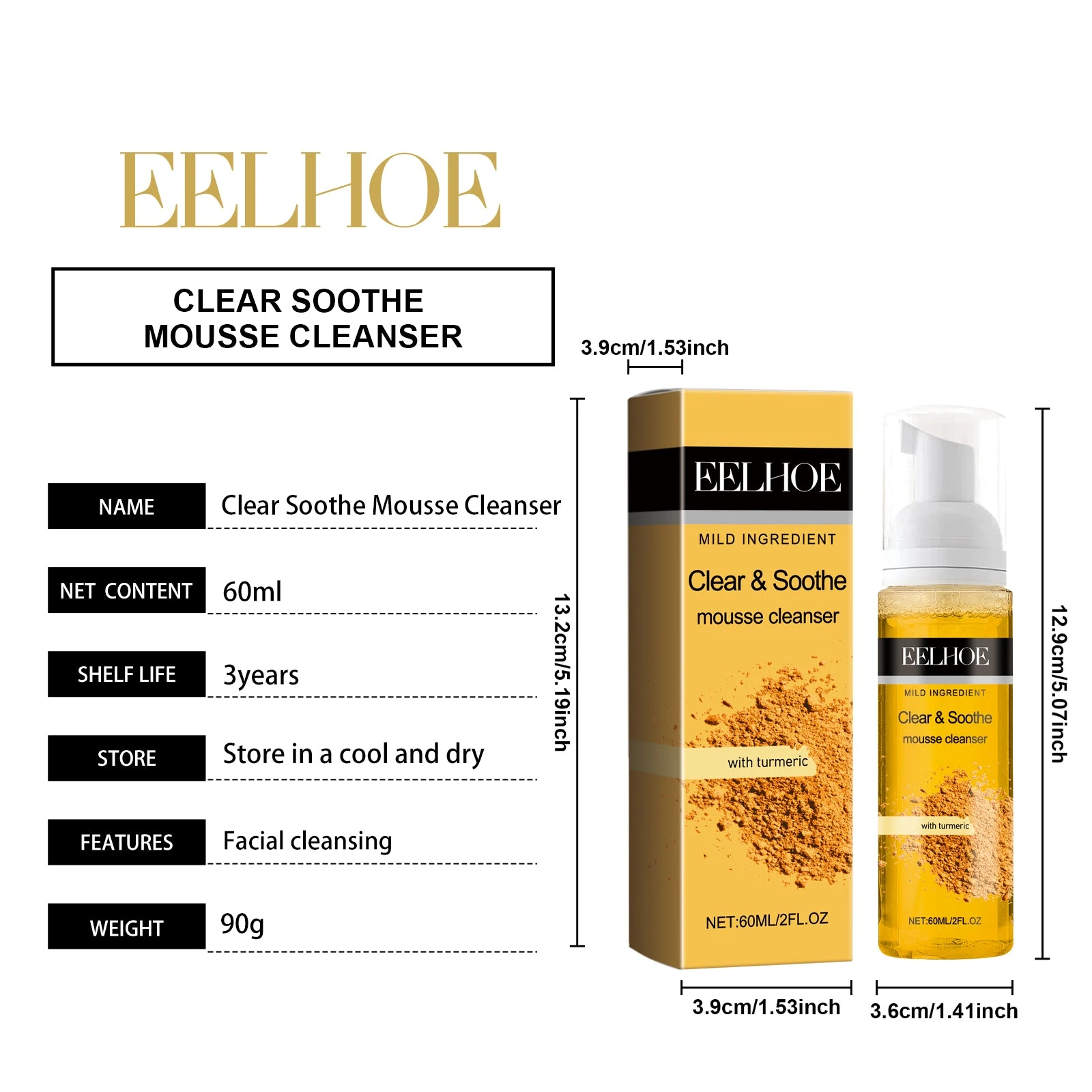 EELHOE Turmeric Foaming Cleanser — 60ml mousse bottle and carton dimensions.