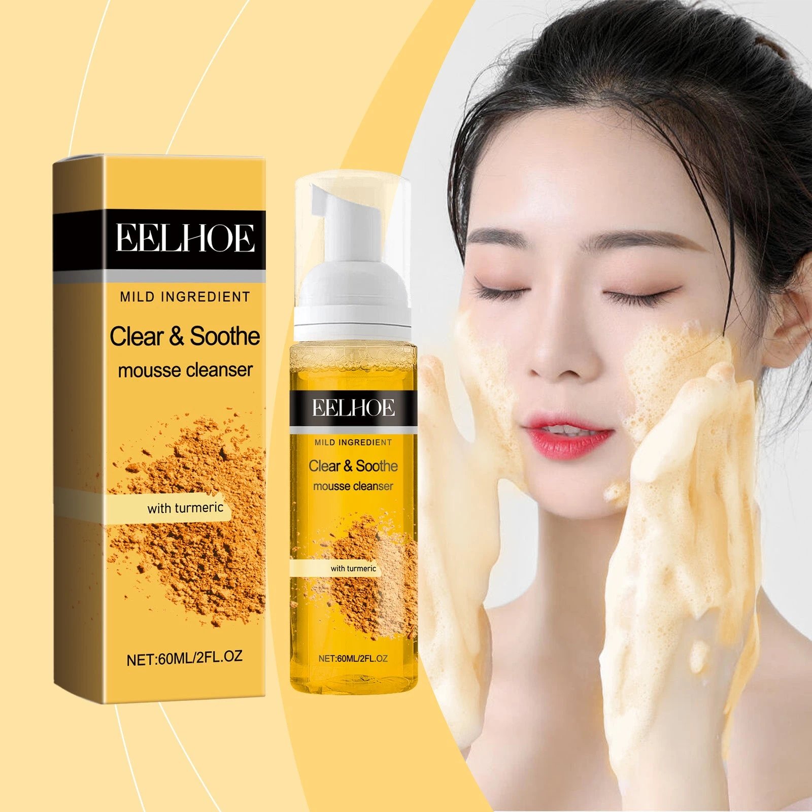 EELHOE Turmeric Foaming Cleanser — Hand-applied facial foam illustration.