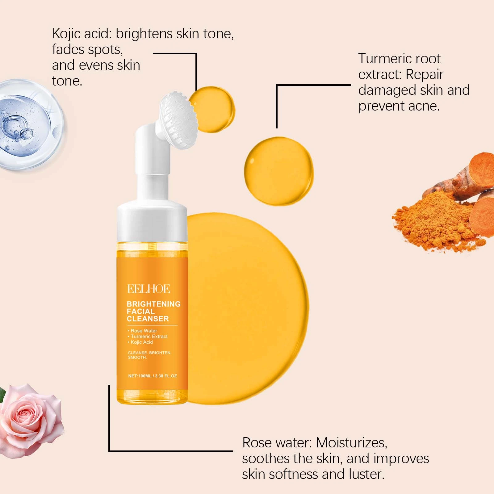 EELHOE Turmeric Face Wash — Kojic acid, turmeric and rose-water ingredient artwork.