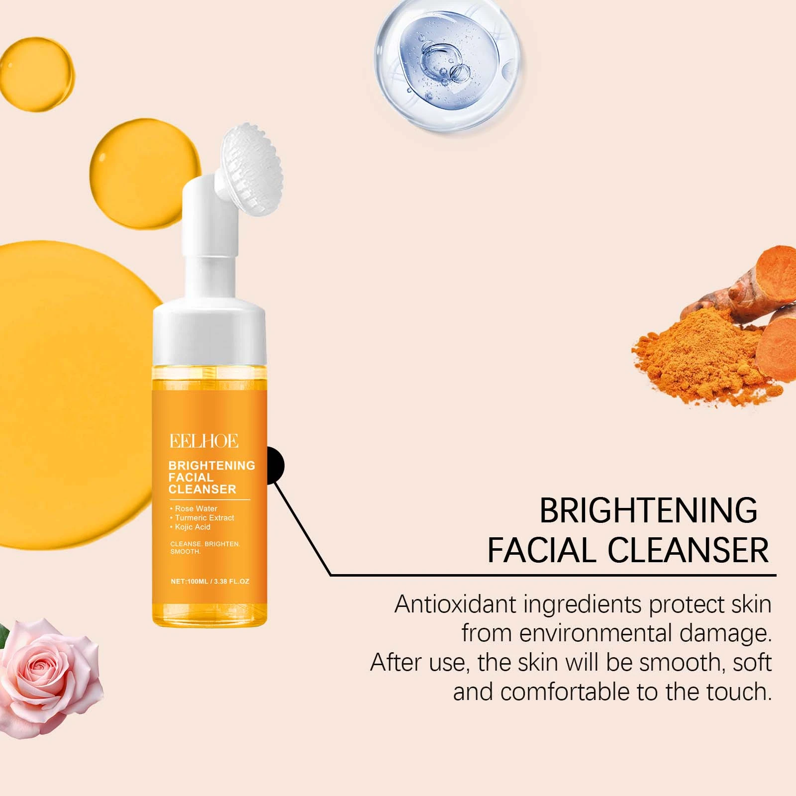 EELHOE Turmeric Face Wash — Attached brush and foam-pump format.