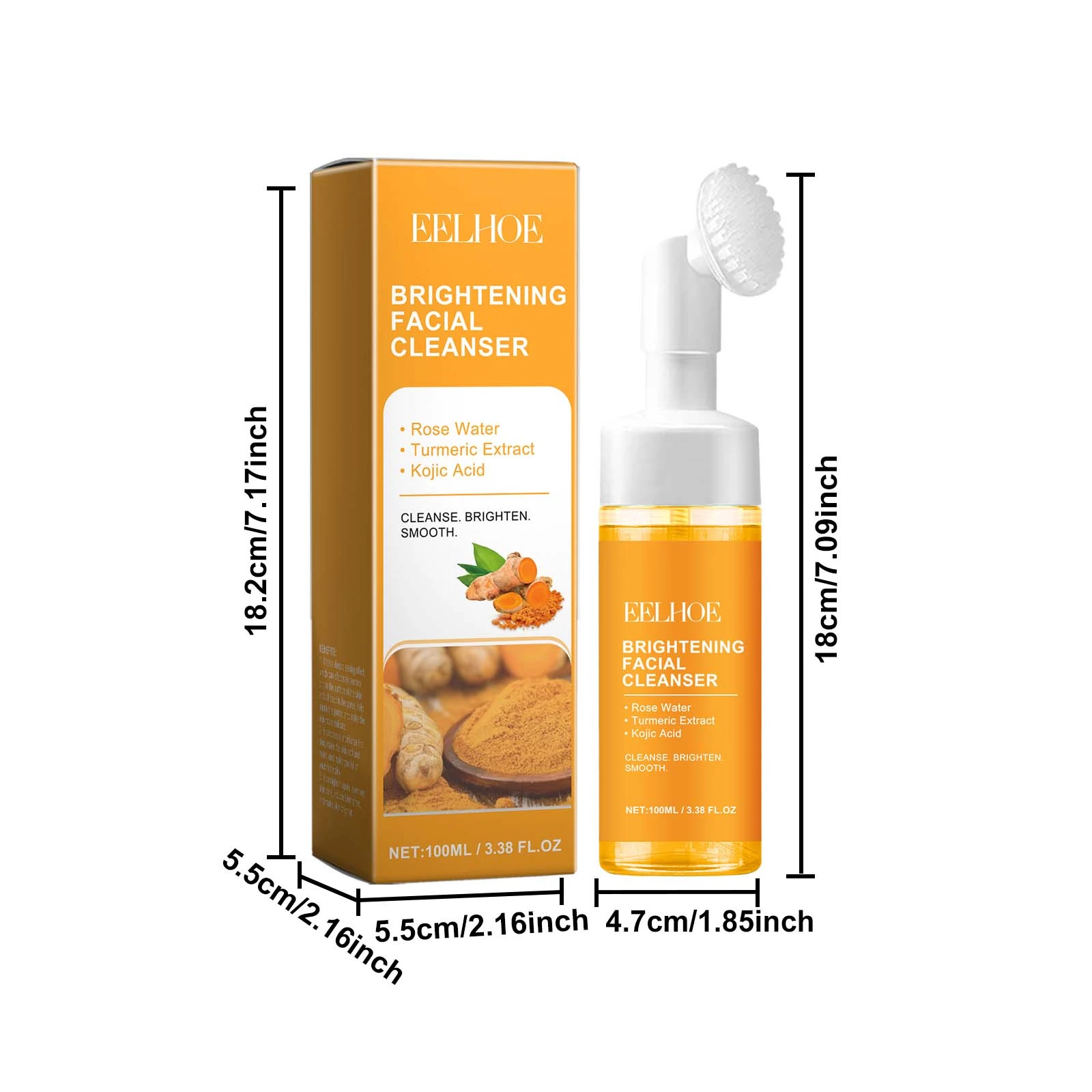 EELHOE Turmeric Face Wash — 100ml brush bottle and carton dimensions.