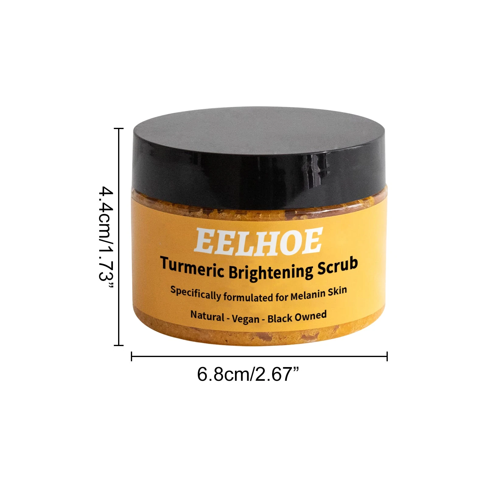 EELHOE Sea Salt Body Scrub — Jar dimensions for comparing the size with your shower products.
