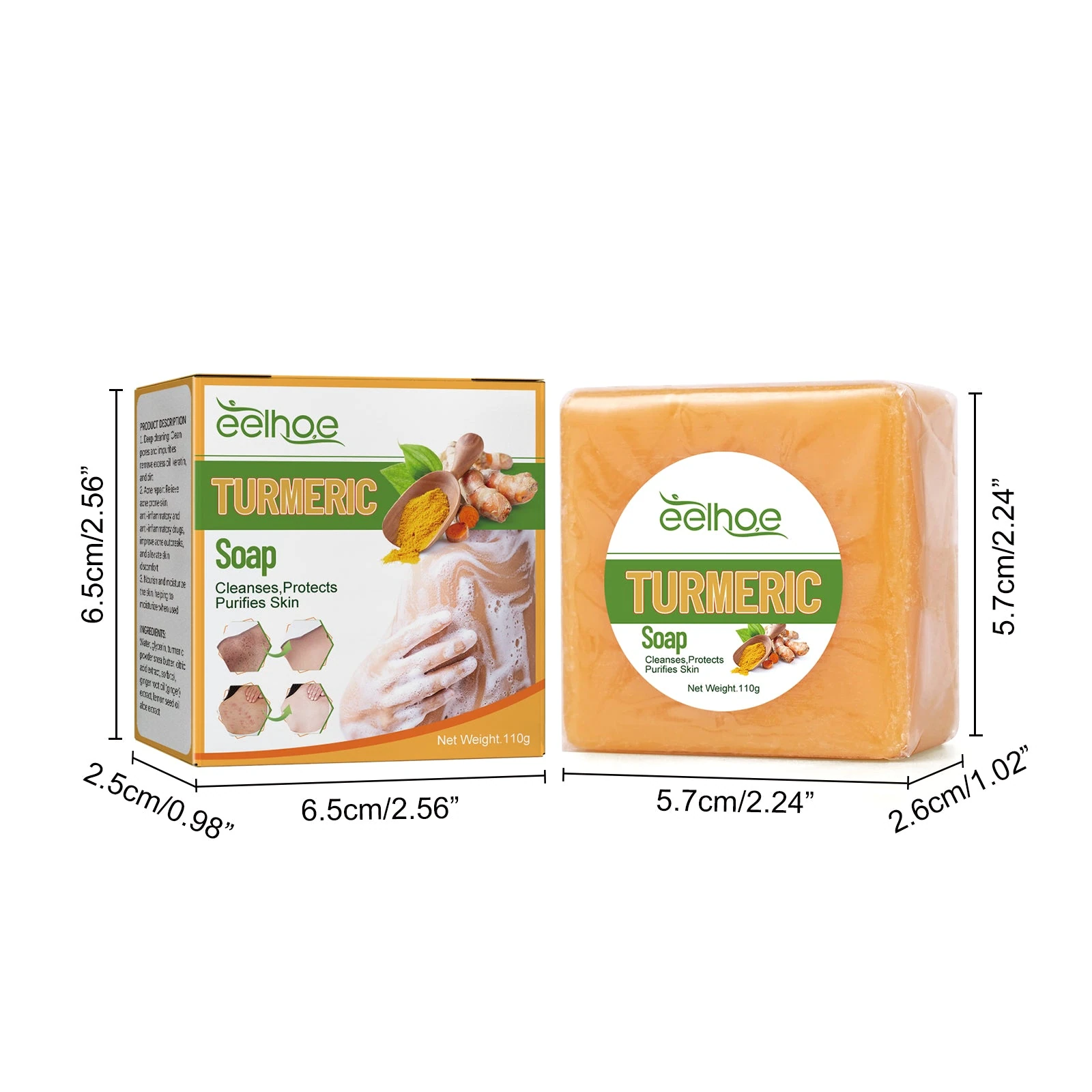 EELHOE Turmeric Face Soap — 110g soap and carton measurements.