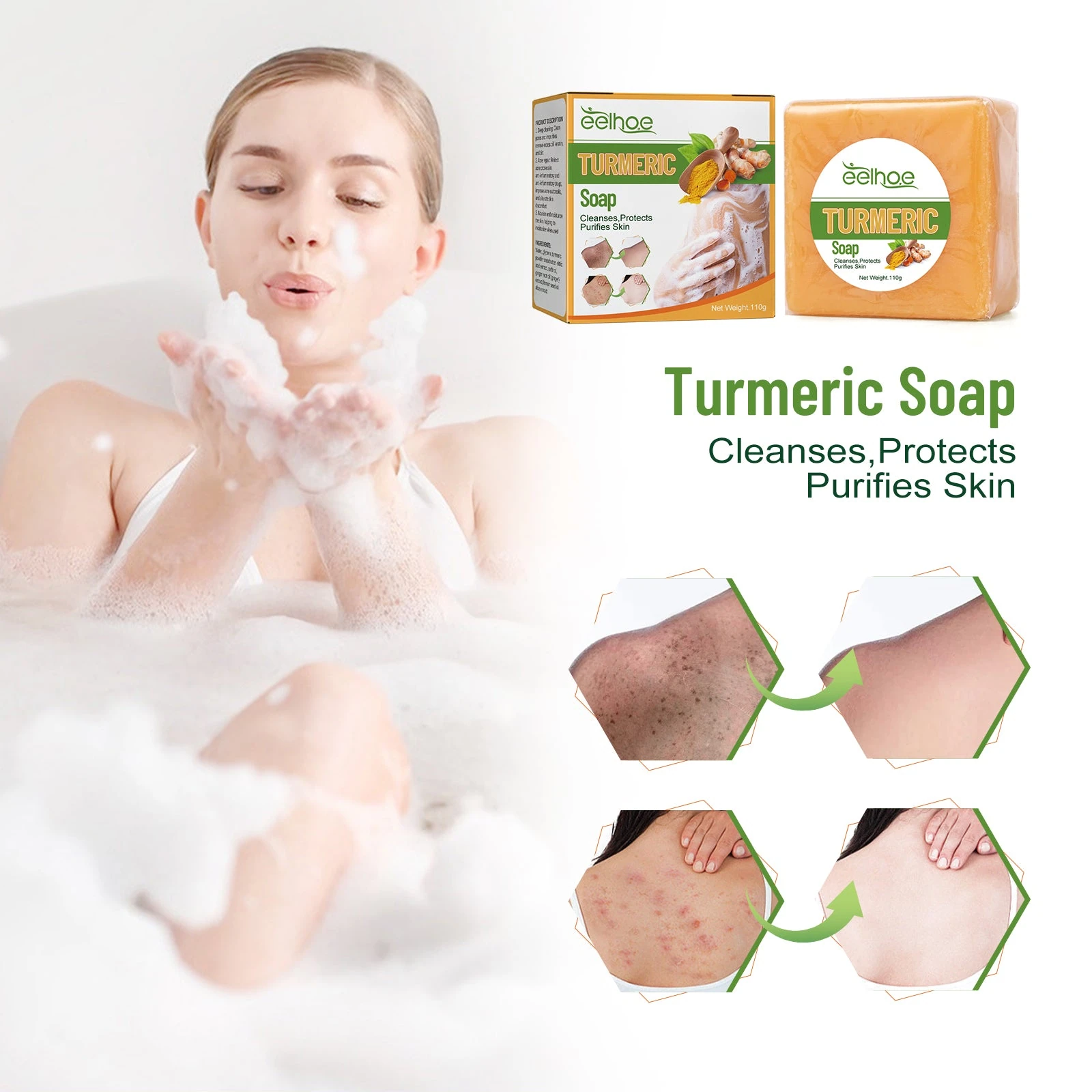EELHOE Turmeric Face Soap — Sink and shower cleansing artwork.