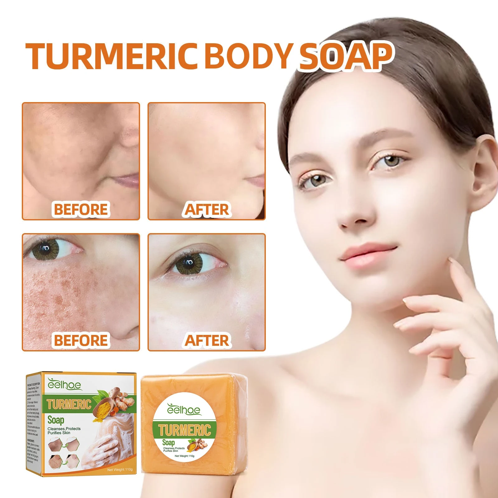 EELHOE Turmeric Face Soap — Facial skin-care photography beside the soap.