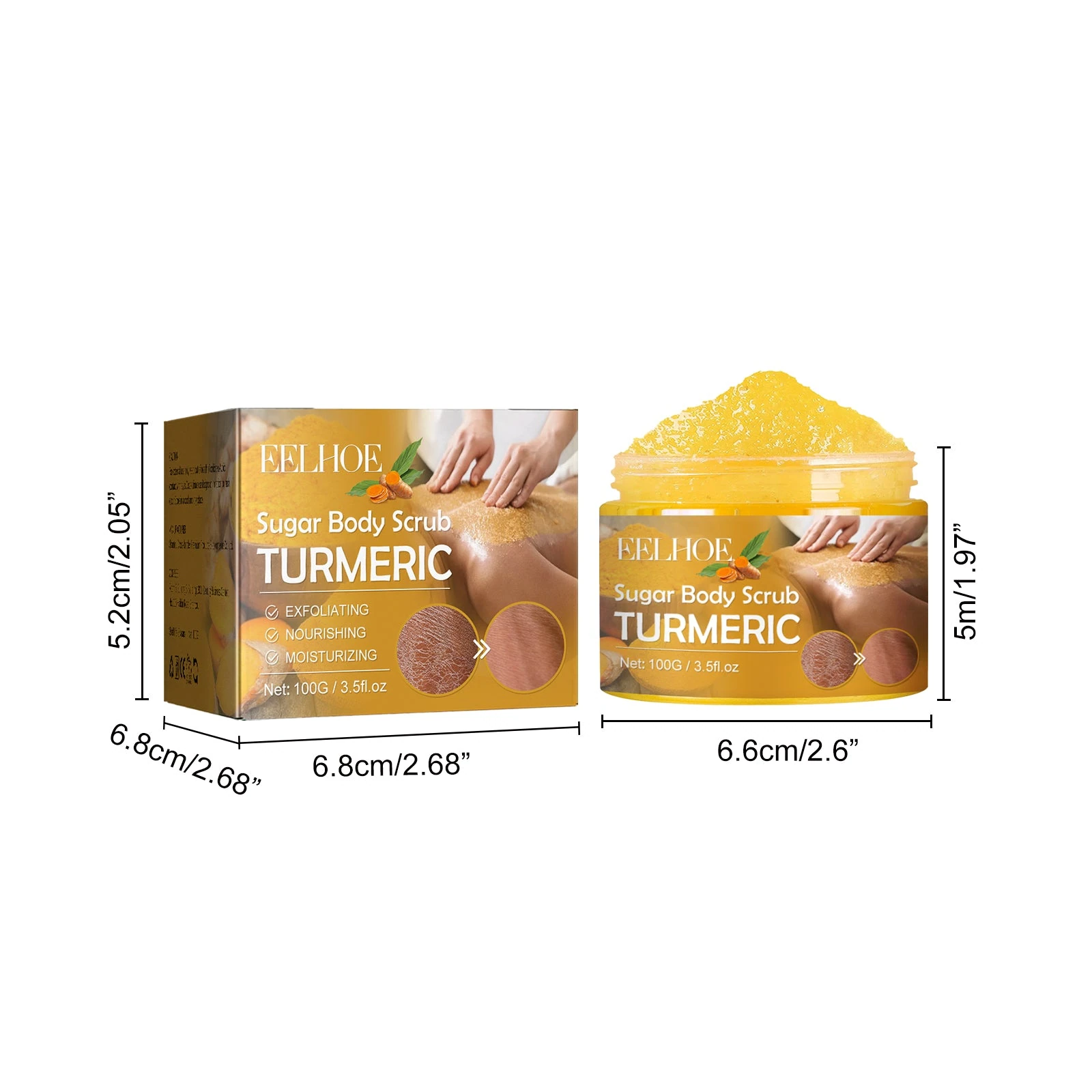 EELHOE Turmeric Body Scrub — 100g jar and carton dimensions.