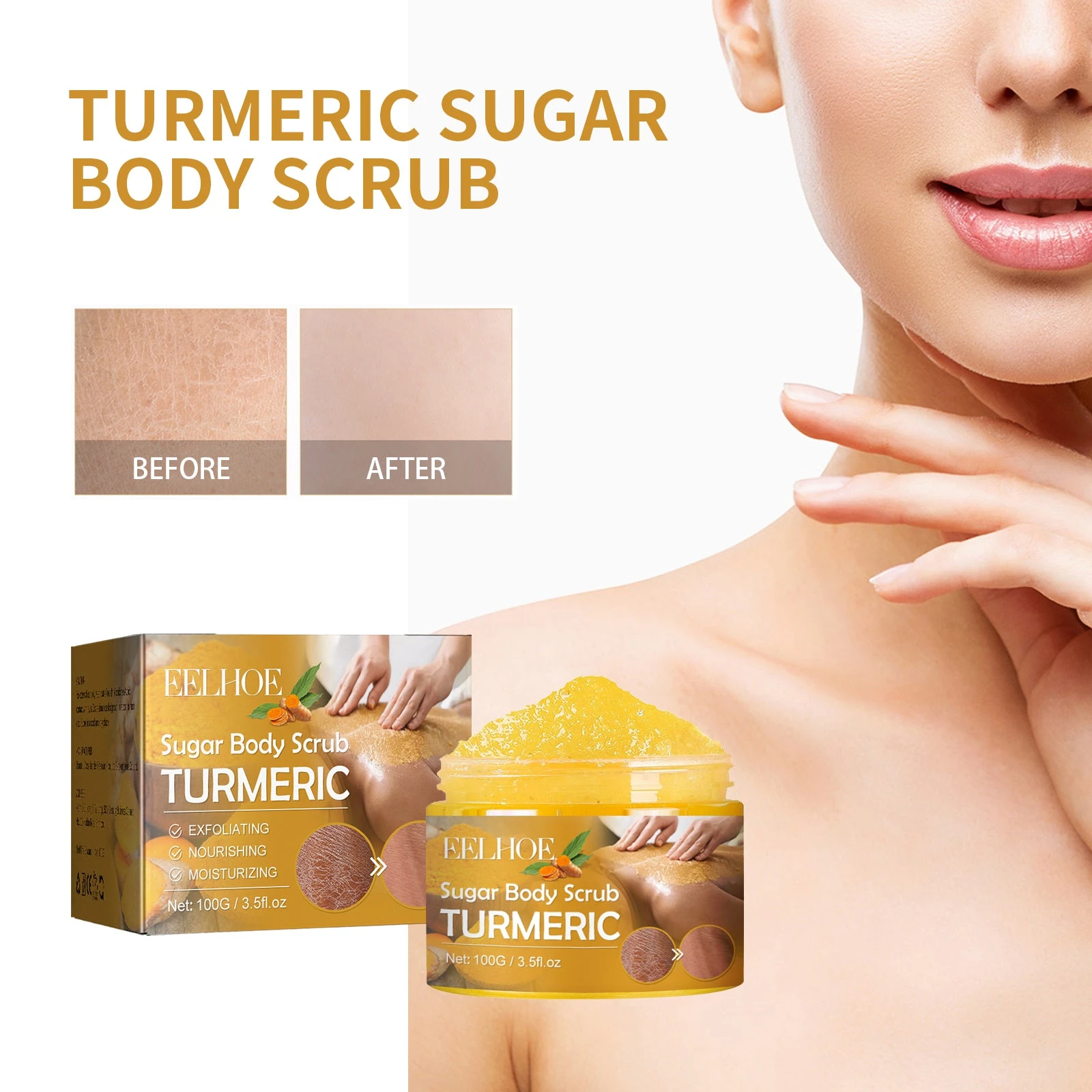 EELHOE Turmeric Body Scrub — Turmeric sugar scrub product and skin-care photography.
