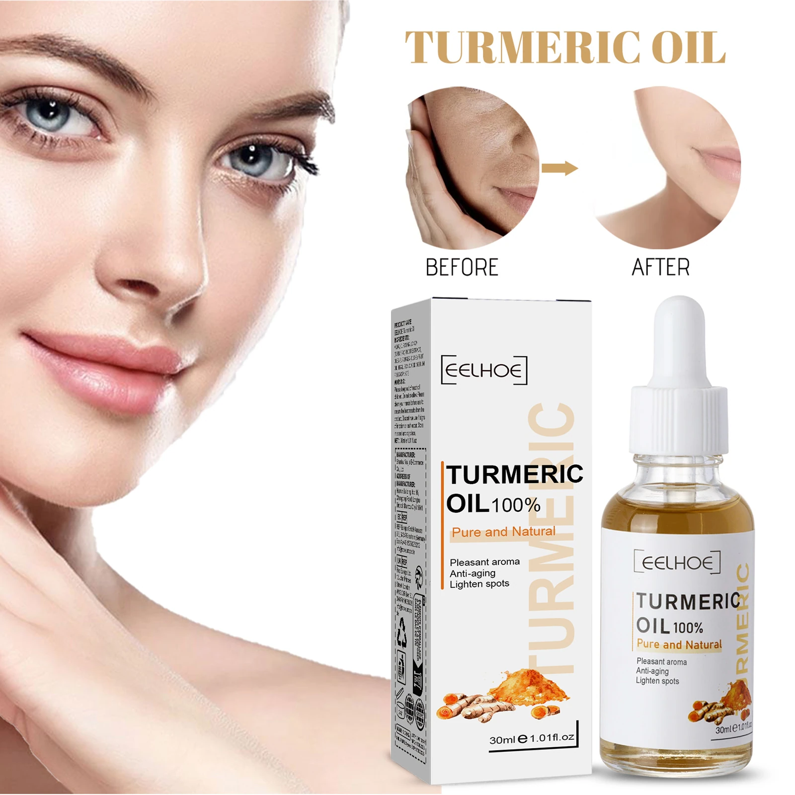 EELHOE Turmeric Face Serum — The dropper bottle is labelled Turmeric Oil; see the formula details below.