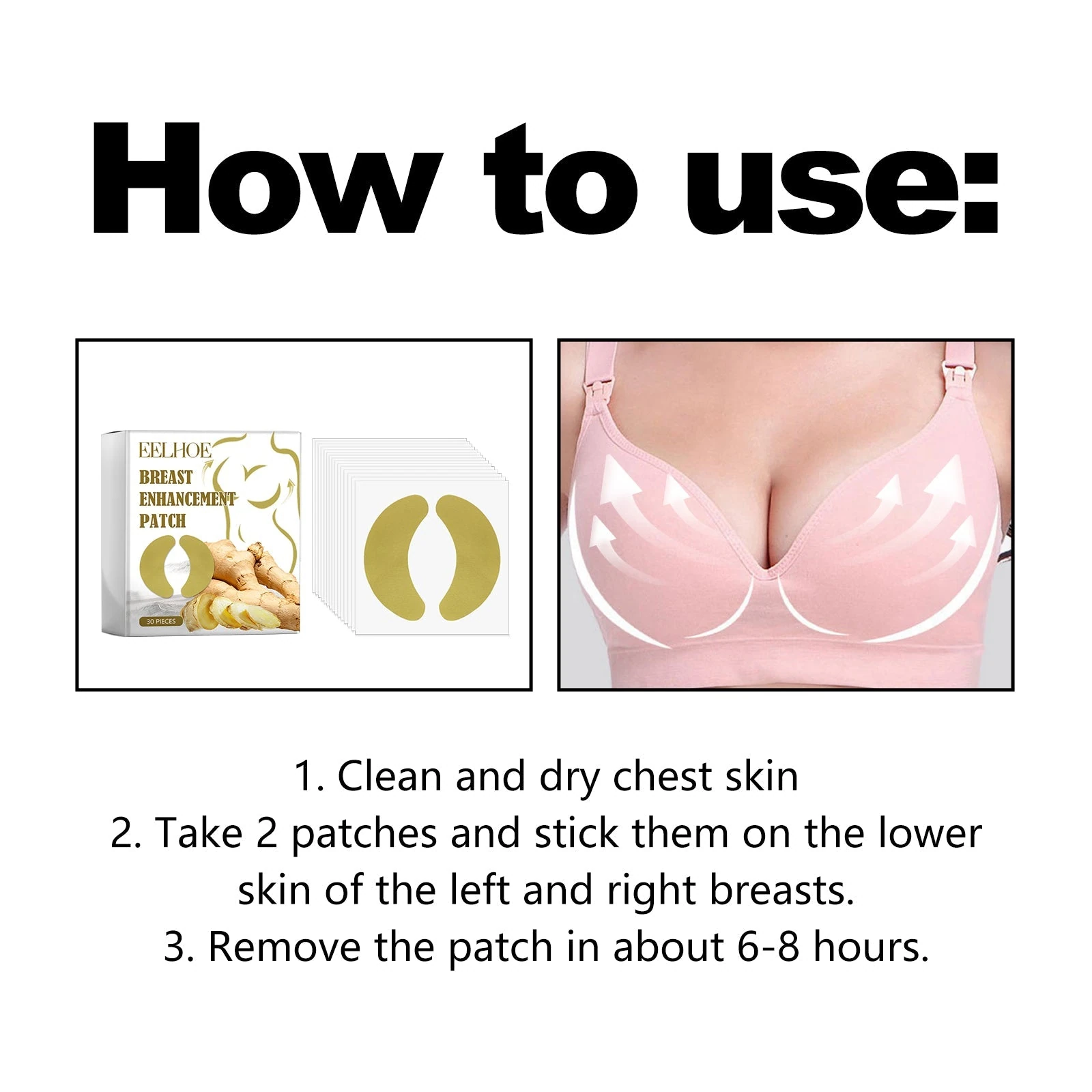Curved breast care patch directions: clean and dry skin apply two patches remove in 6–8 hours
