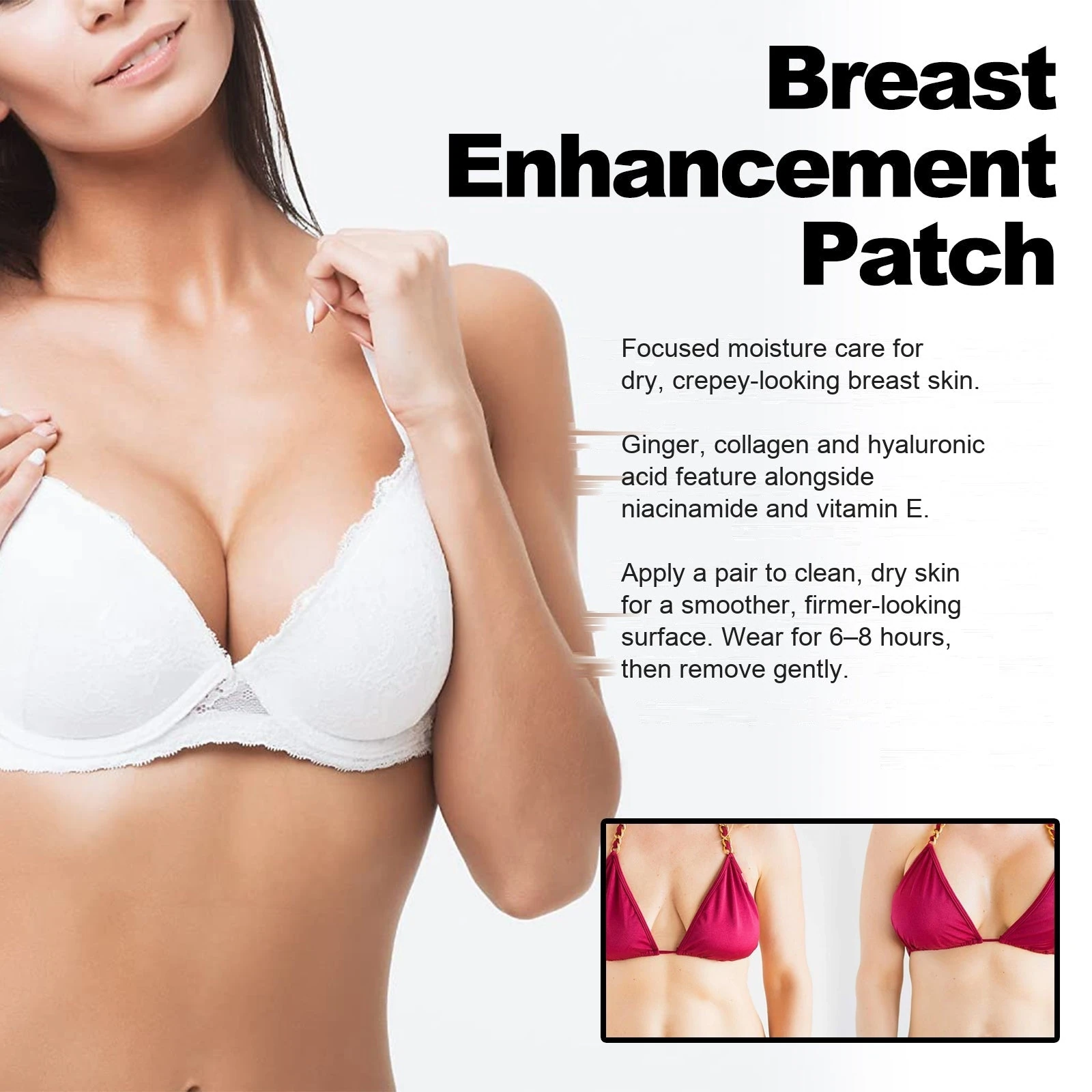 Original breast care patch artwork describing chest-skin moisture and smoother appearance